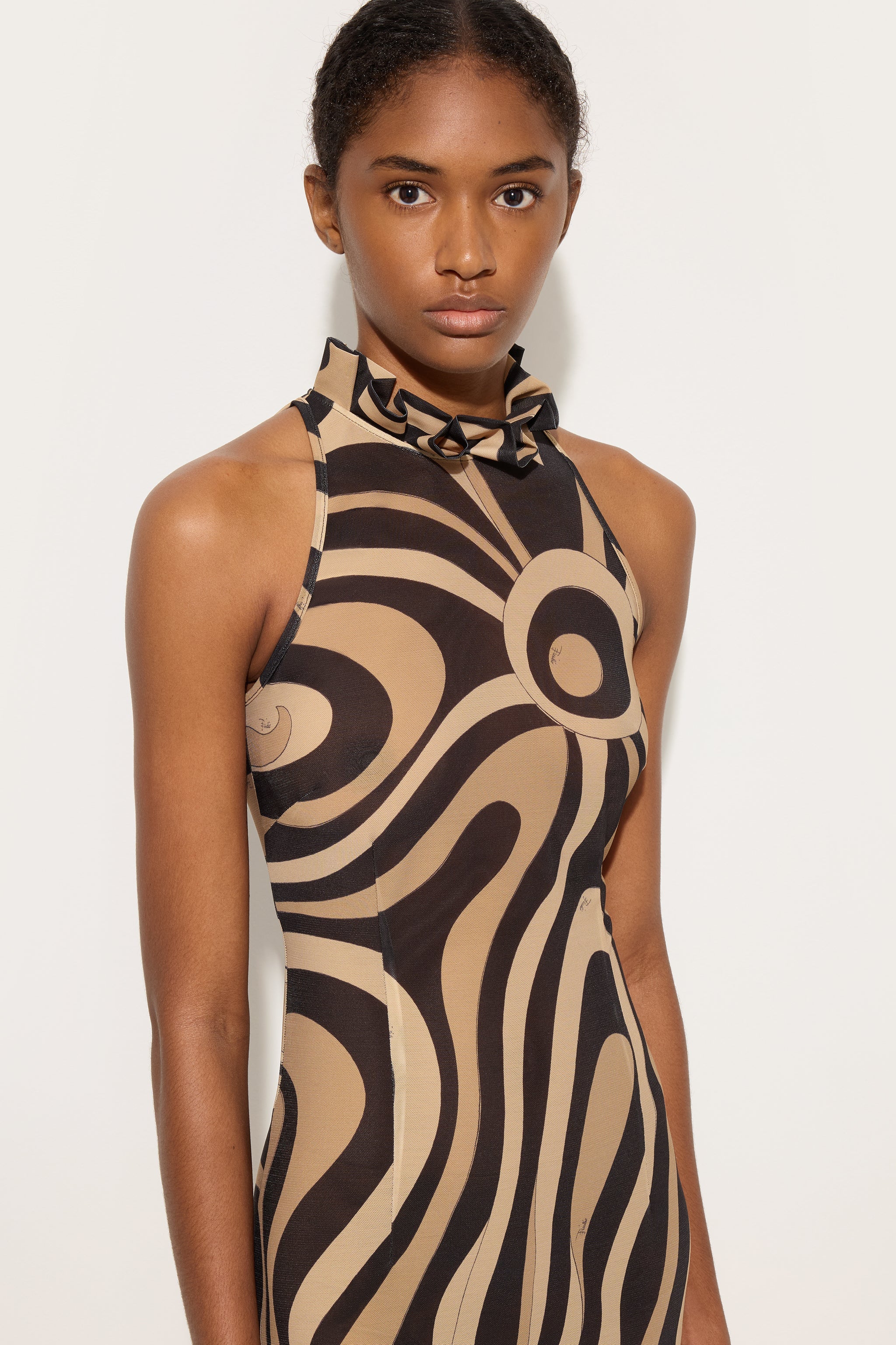 Emilio Pucci Robe Marmo volants beige noir taille 38