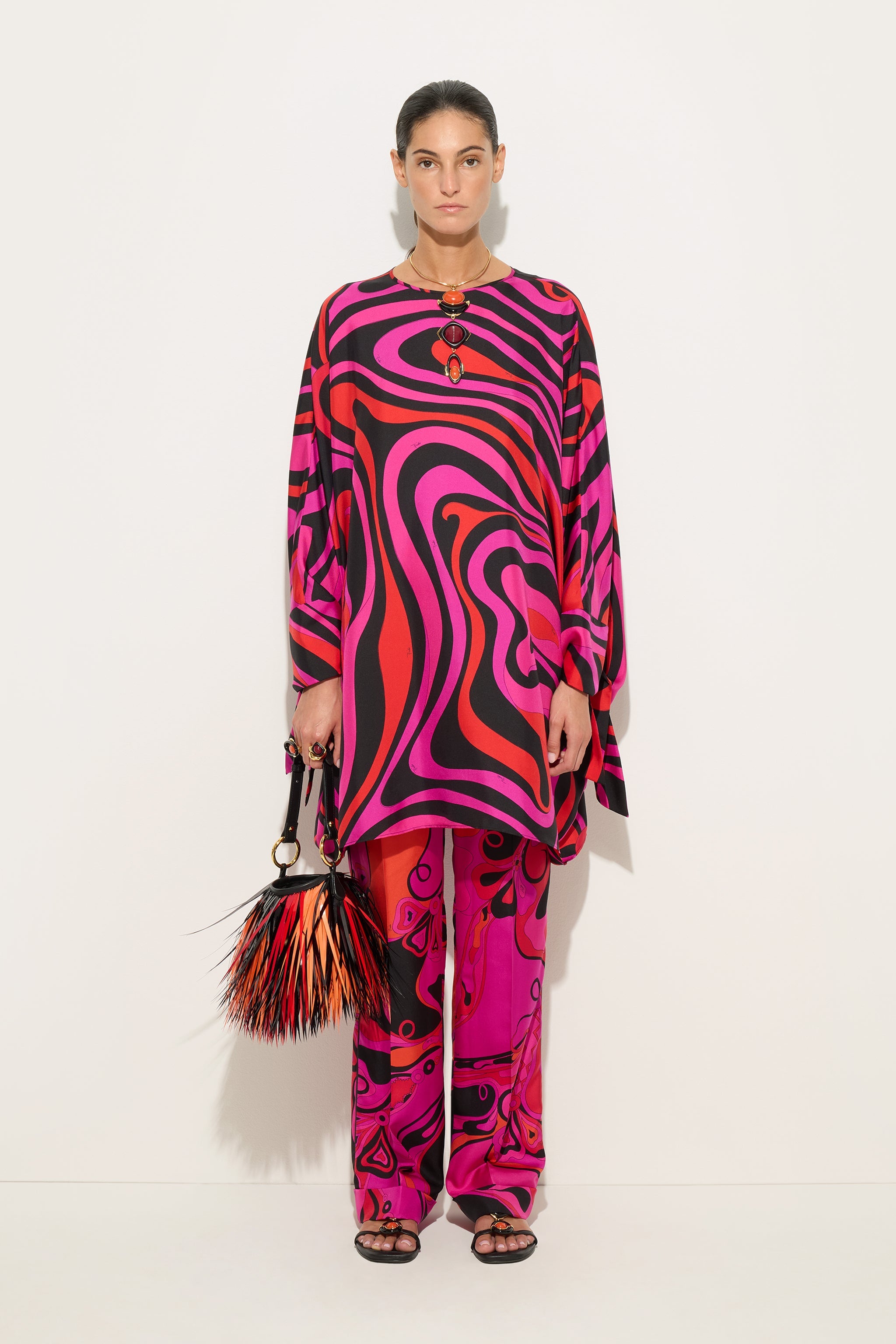 Emilio Pucci Caftano Marmo caftan soie fuchsia noir