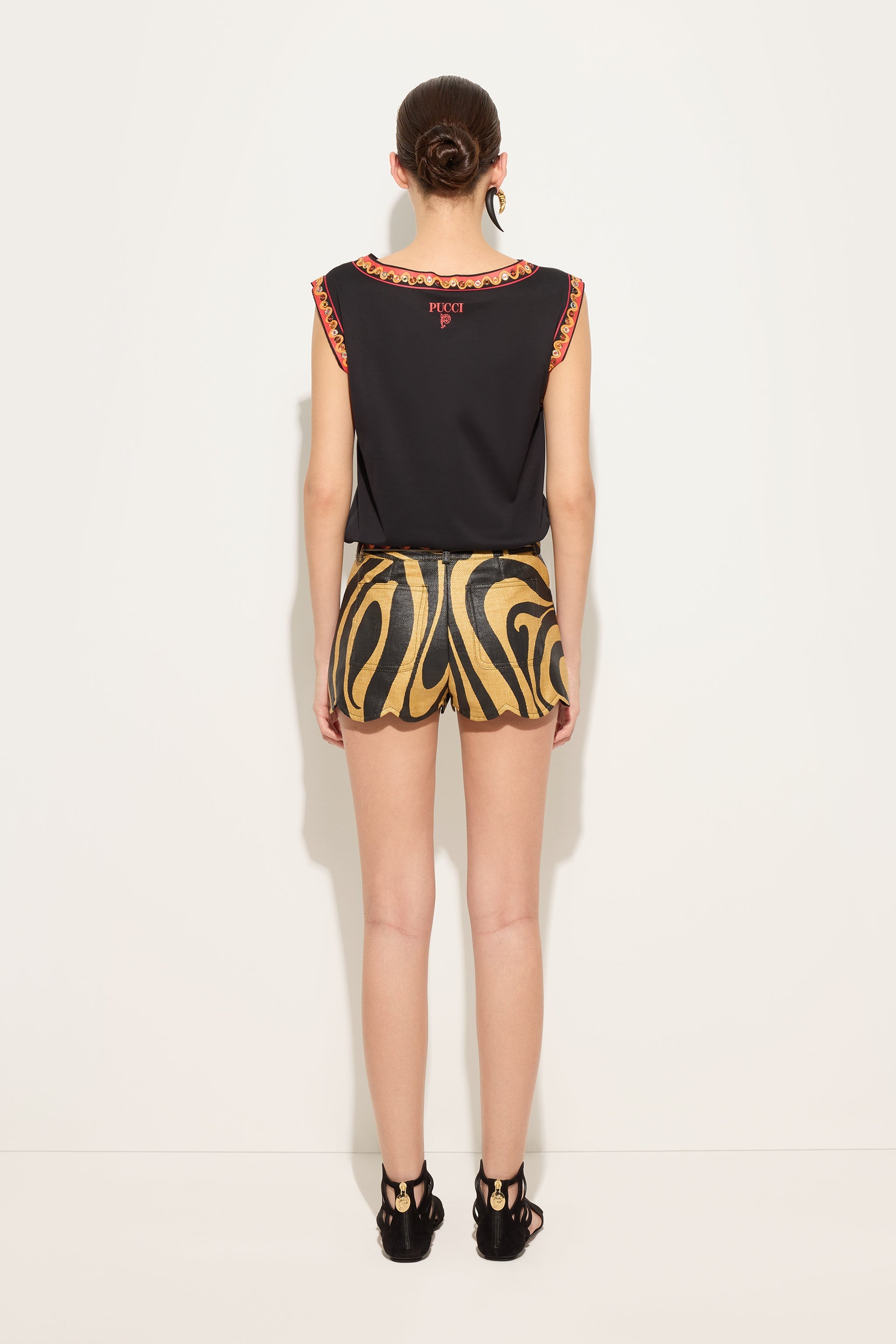 Emilio Pucci Short Raffia Beige/Noir Bords Festonnés