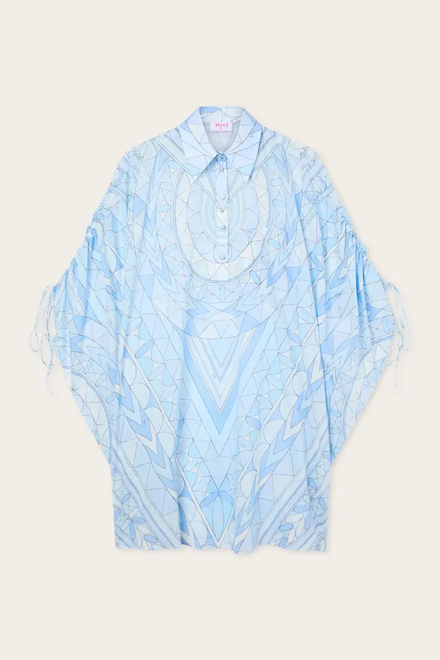 Emilio Pucci Caftan Coton Bleu Clair Imprimé Manuba