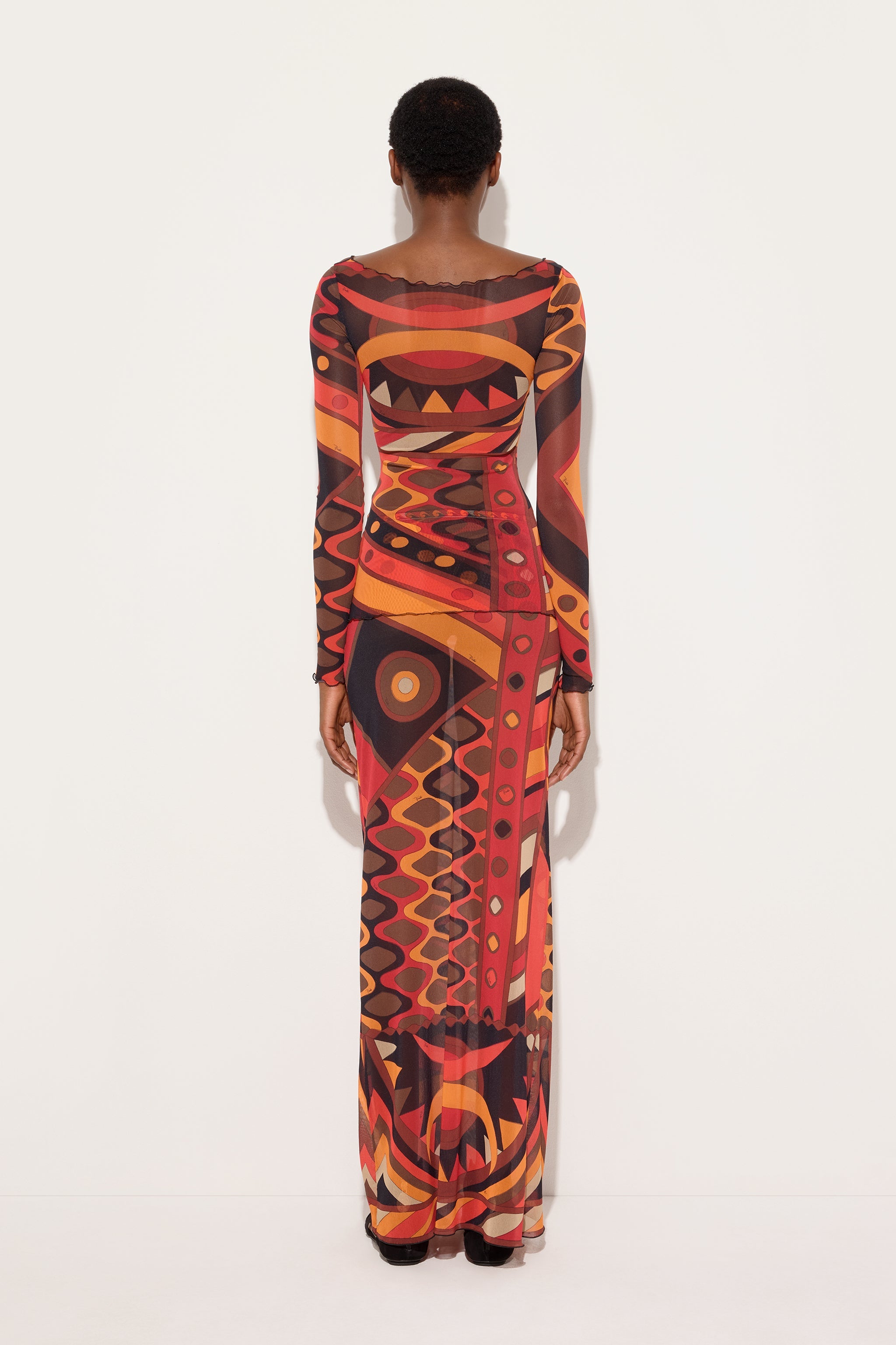 Emilio Pucci Vivara top en tulle orange noir manches longues