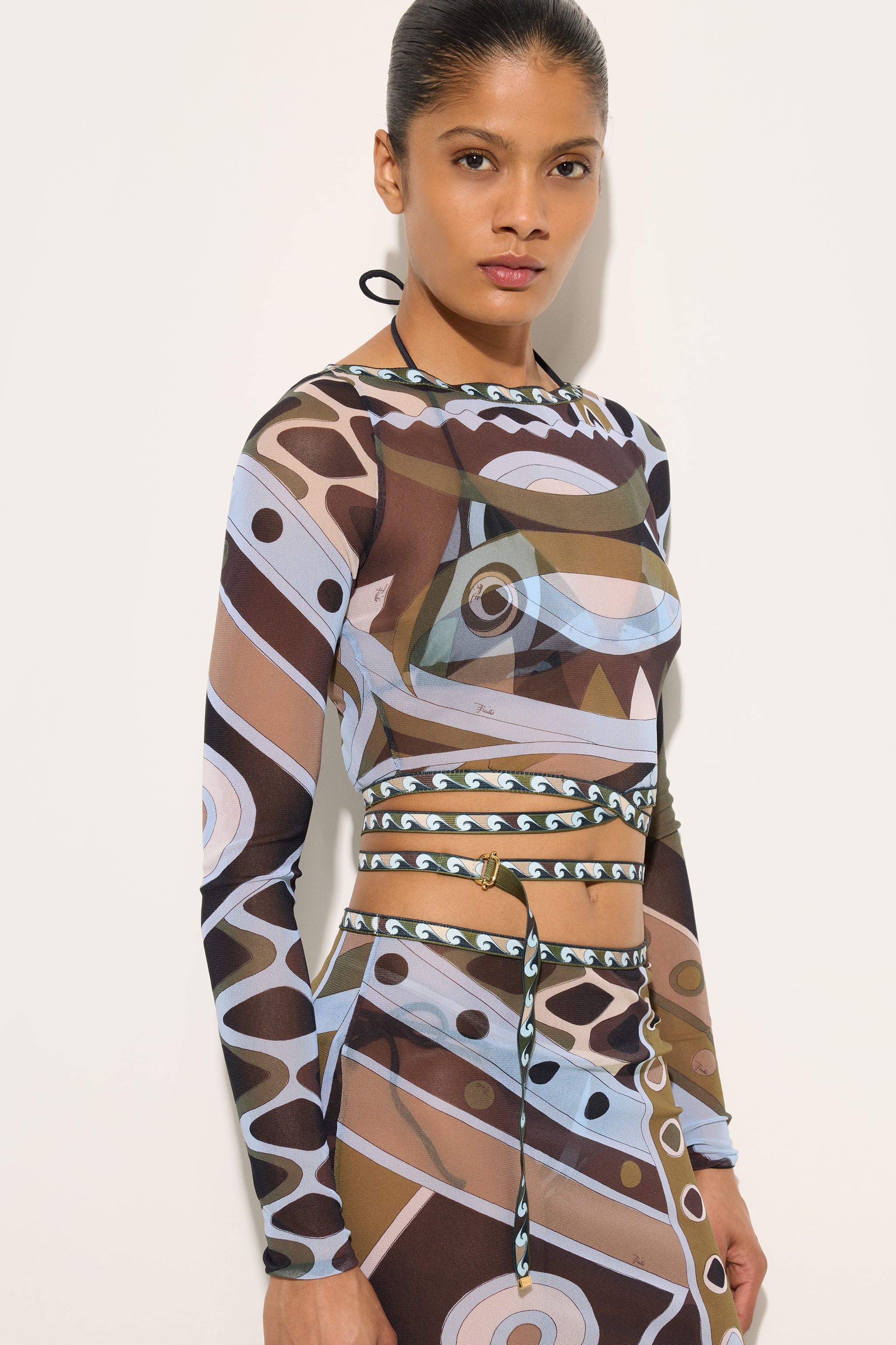 Emilio Pucci Crop Top Vivara tulle kaki/bleu