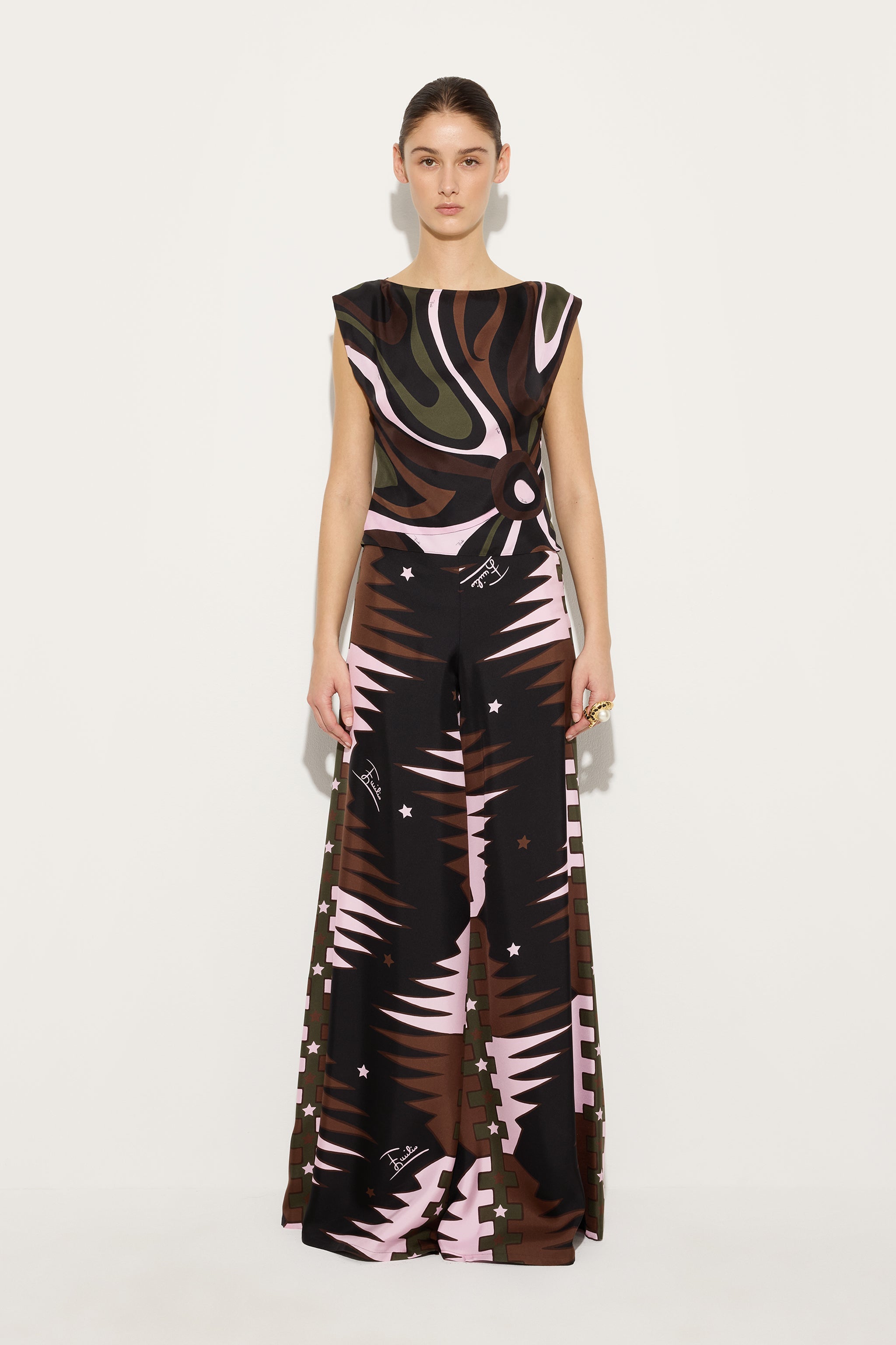 Emilio Pucci Marmo top soie kaki rose droit