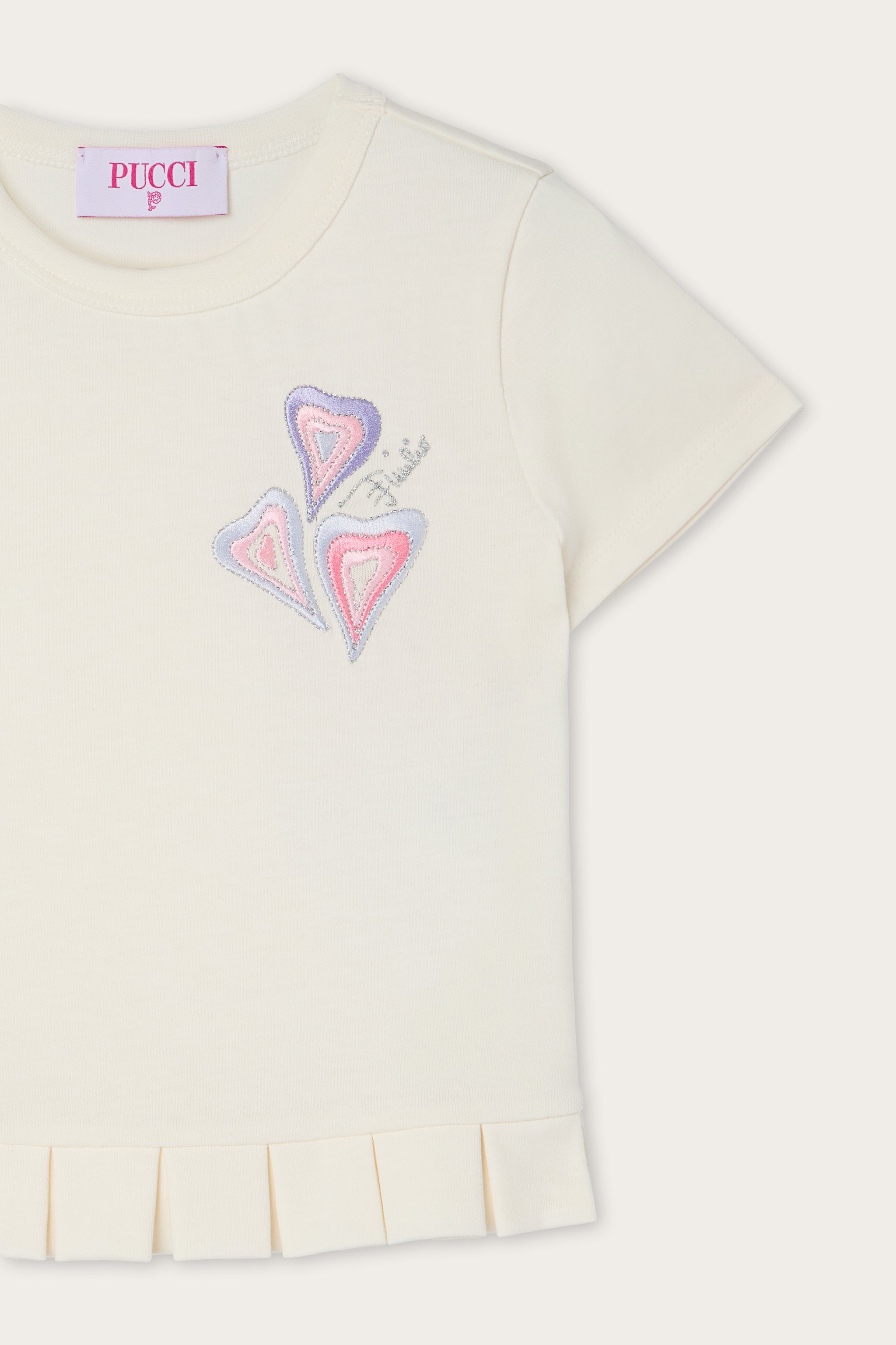 Emilio Pucci T-shirt fille ivoire broderie coeurs coton bio