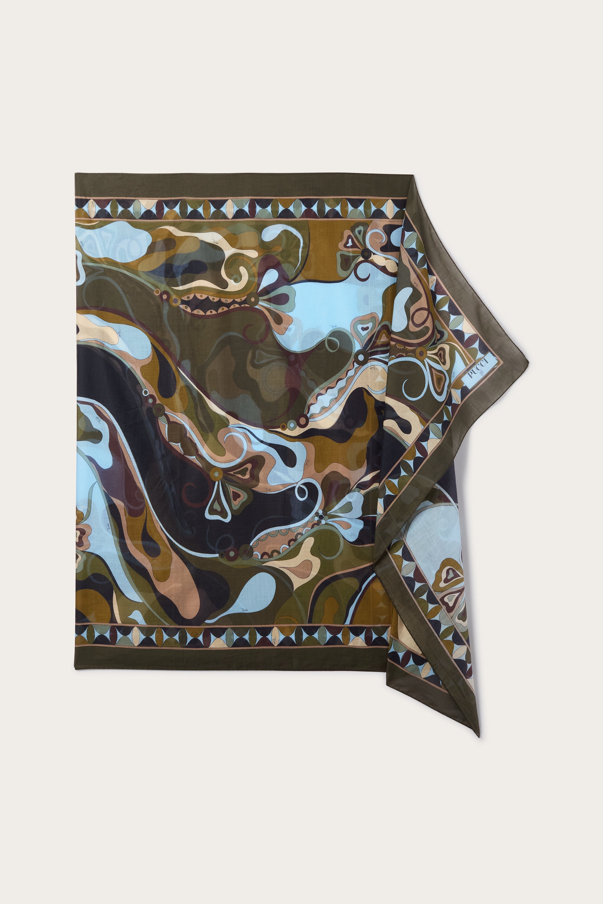 Emilio Pucci Sarong Orchidee pareo kaki bleu coton