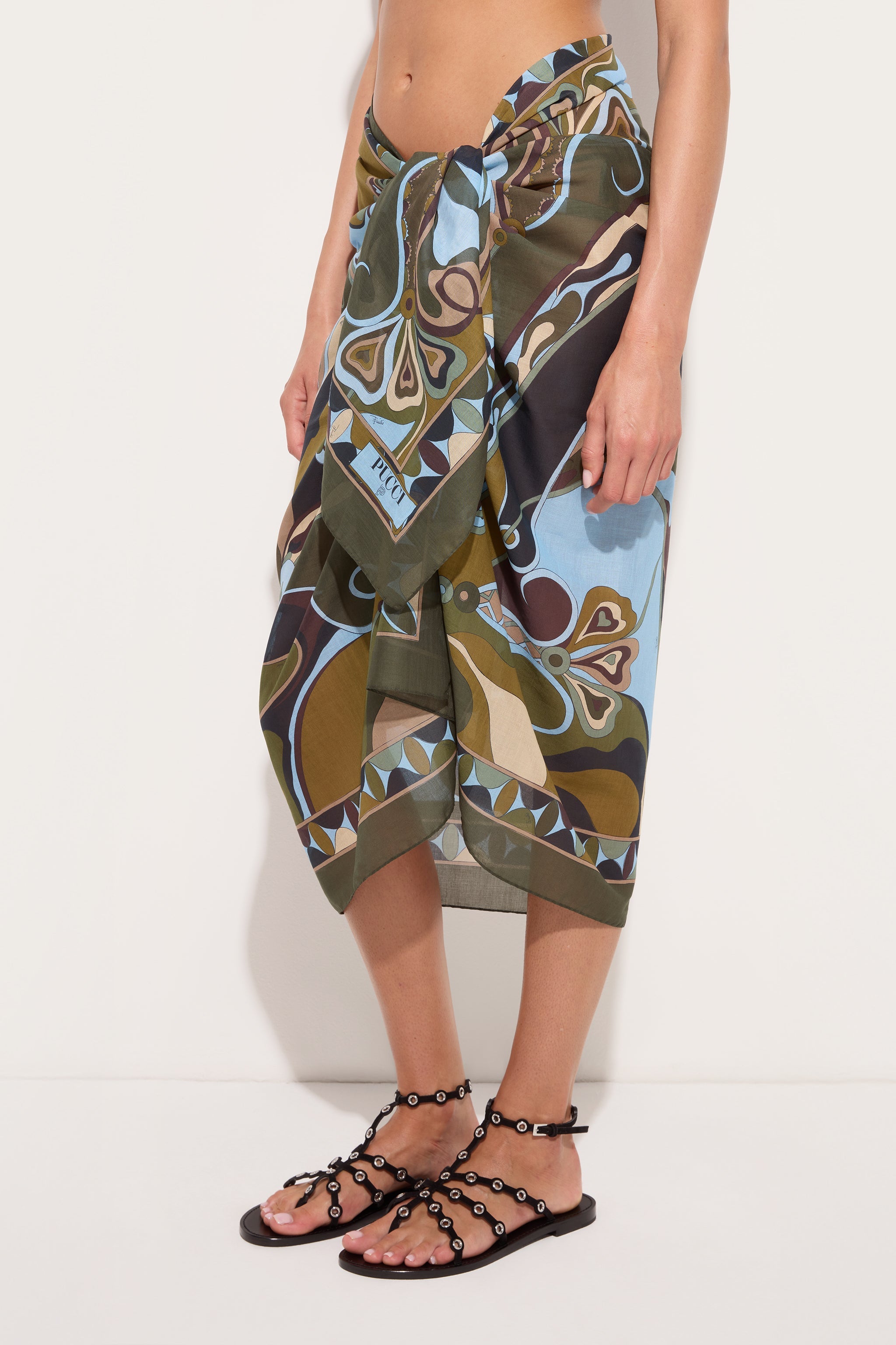 Emilio Pucci Sarong Orchidee pareo kaki bleu coton