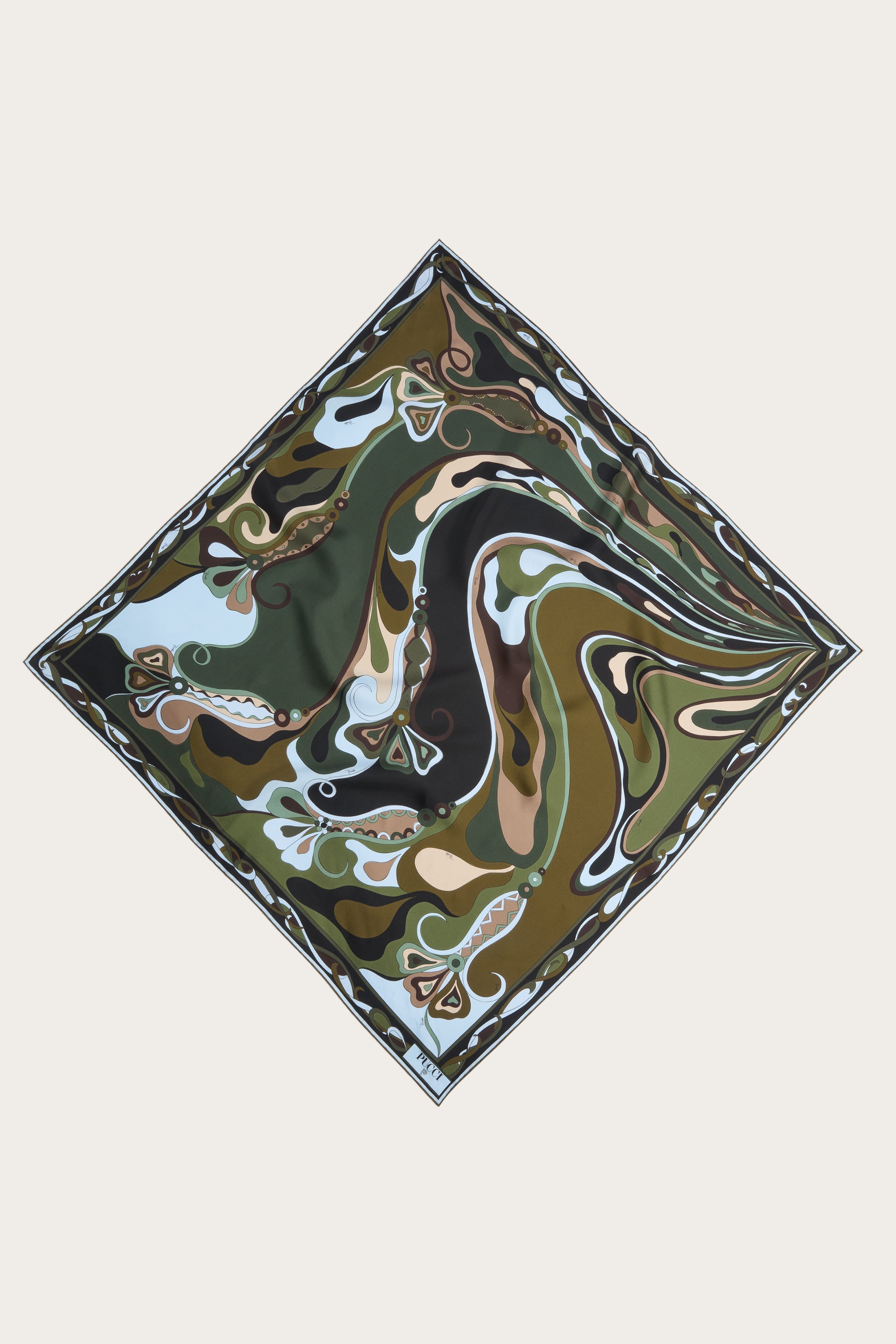 Emilio Pucci Foulard Soie Orchidées Kaki Noir 90x90