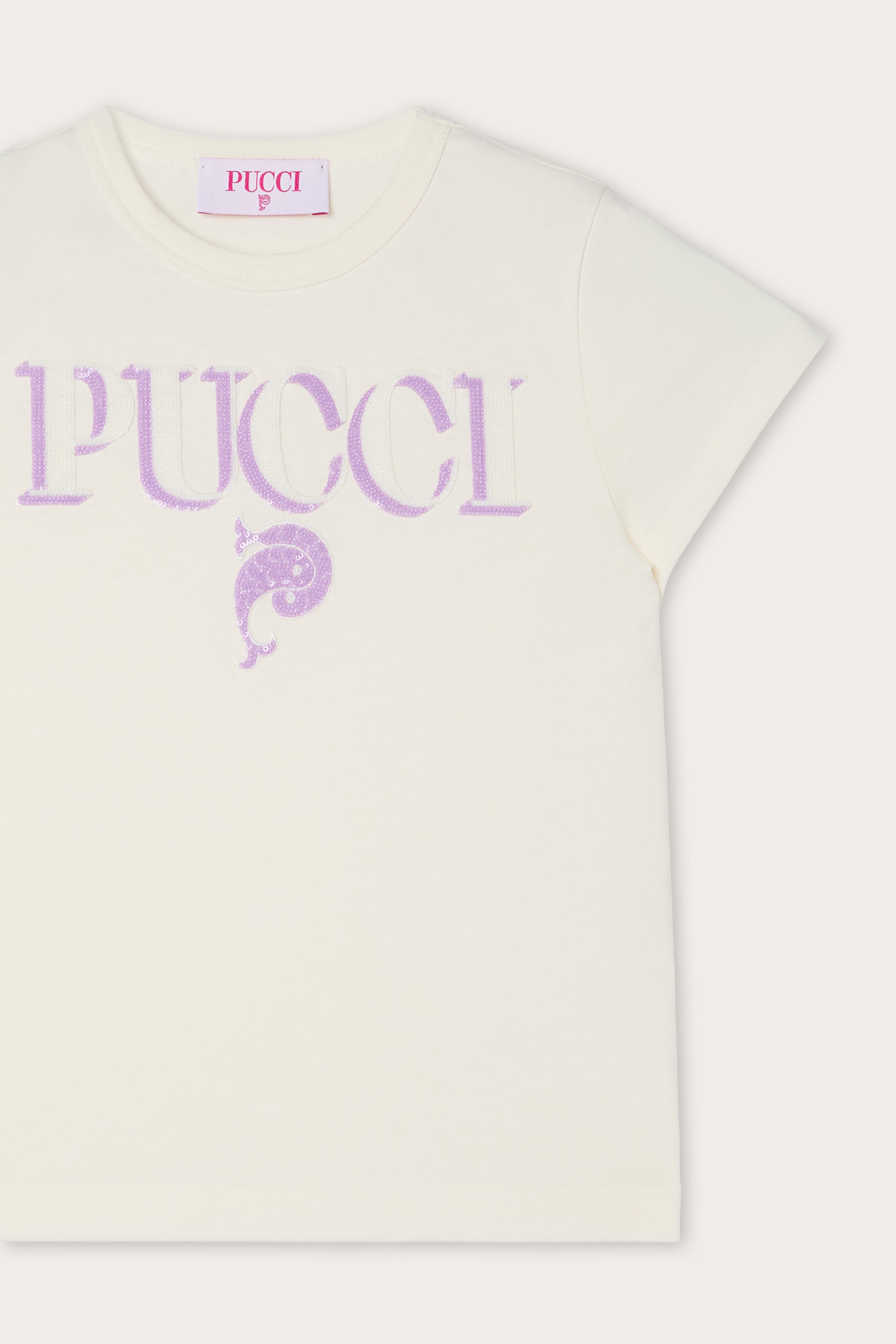 Emilio Pucci Junior T-Shirt Coton Ivoire Lilas Paillettes