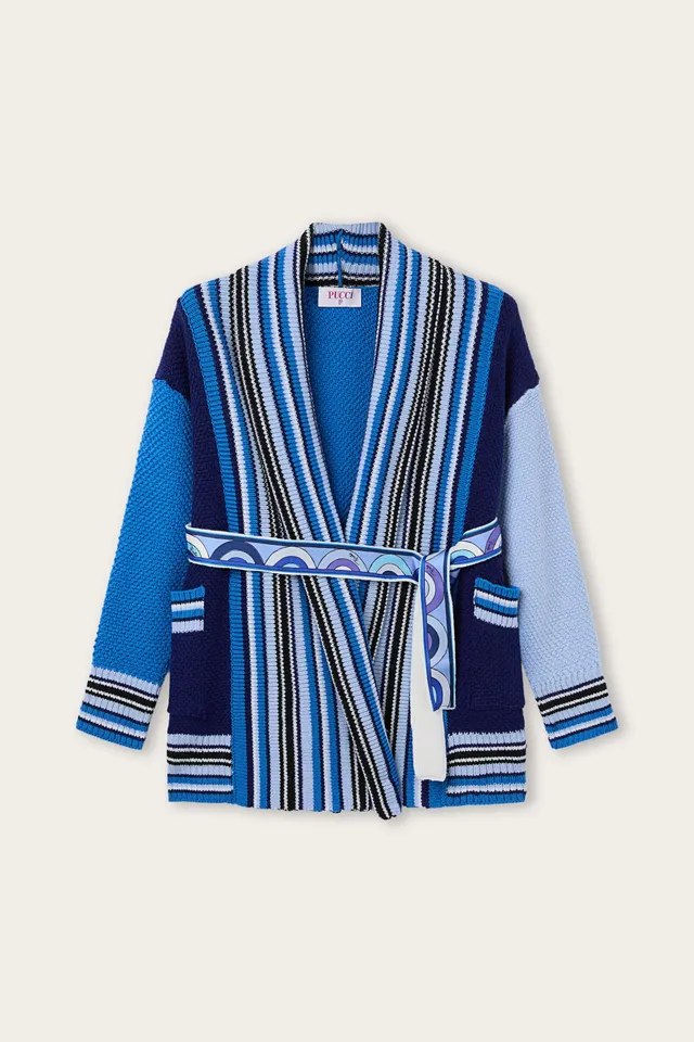 Emilio Pucci Cardigan Ceinture Bleu Ciel Laine Enfant