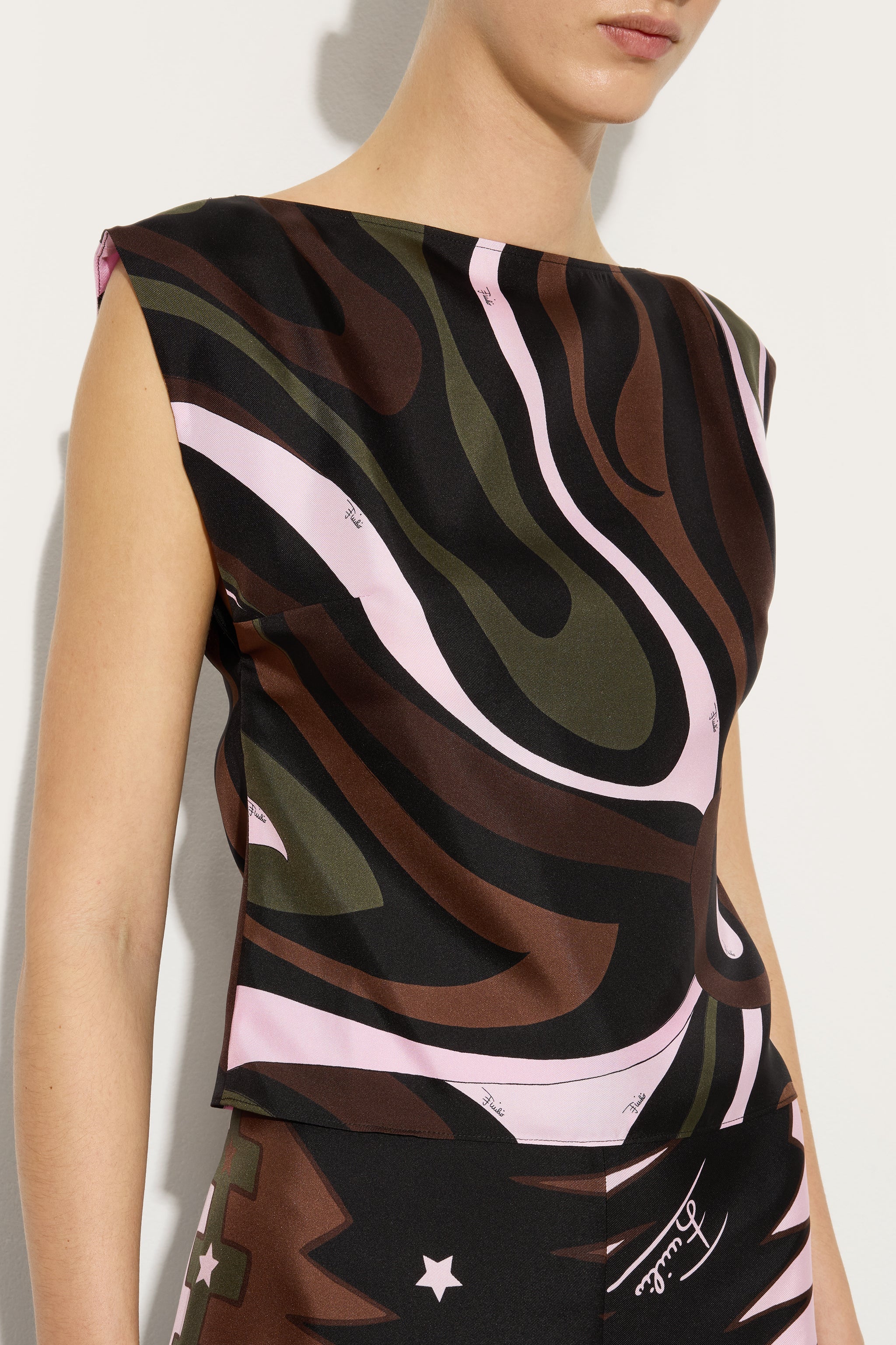 Emilio Pucci Marmo top soie kaki rose droit