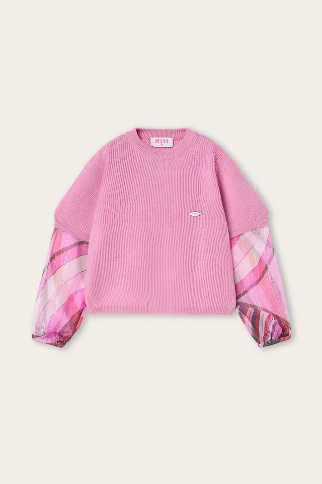 Emilio Pucci Junior Pull Laine Rose Manches Voile