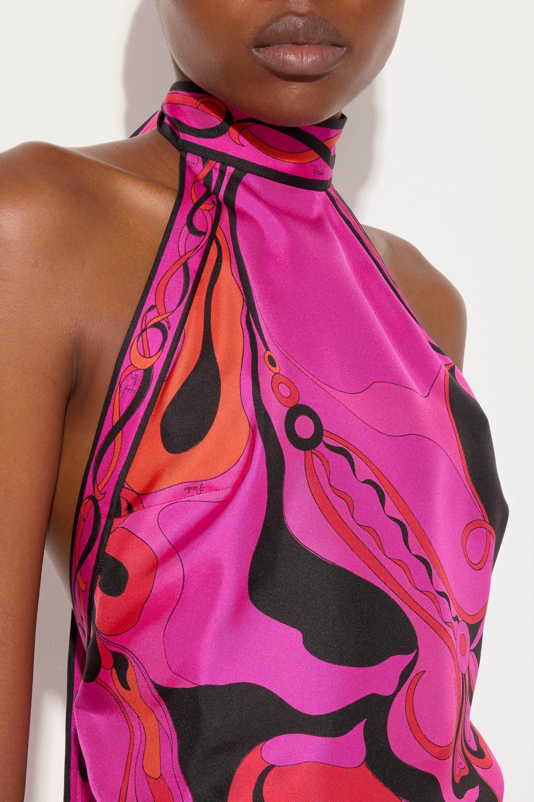 Emilio Pucci Top Soie Orchidee Fuchsia Noir Sans Manches
