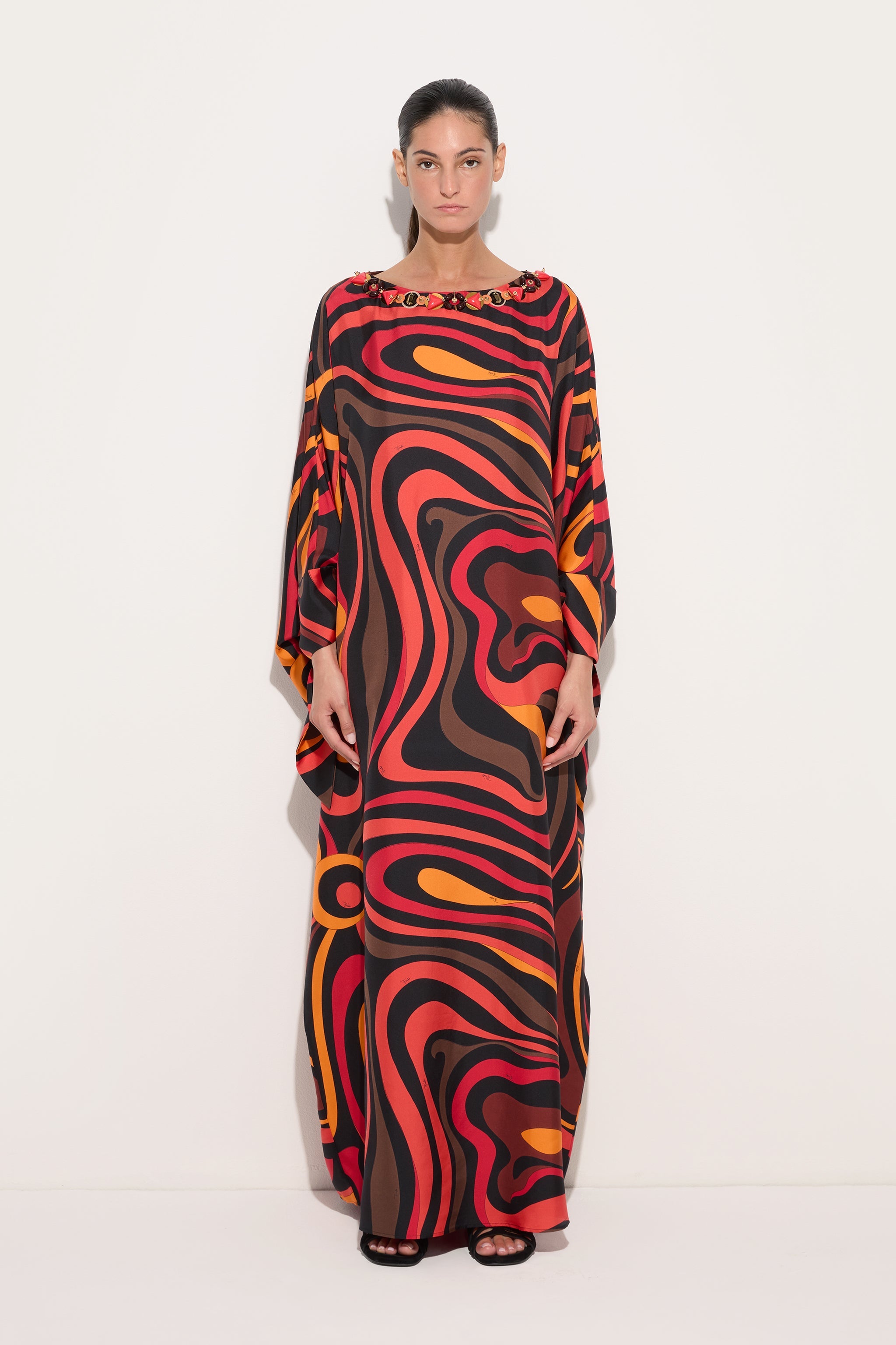 Emilio Pucci Marmo caftan soie orange noir broderie OS