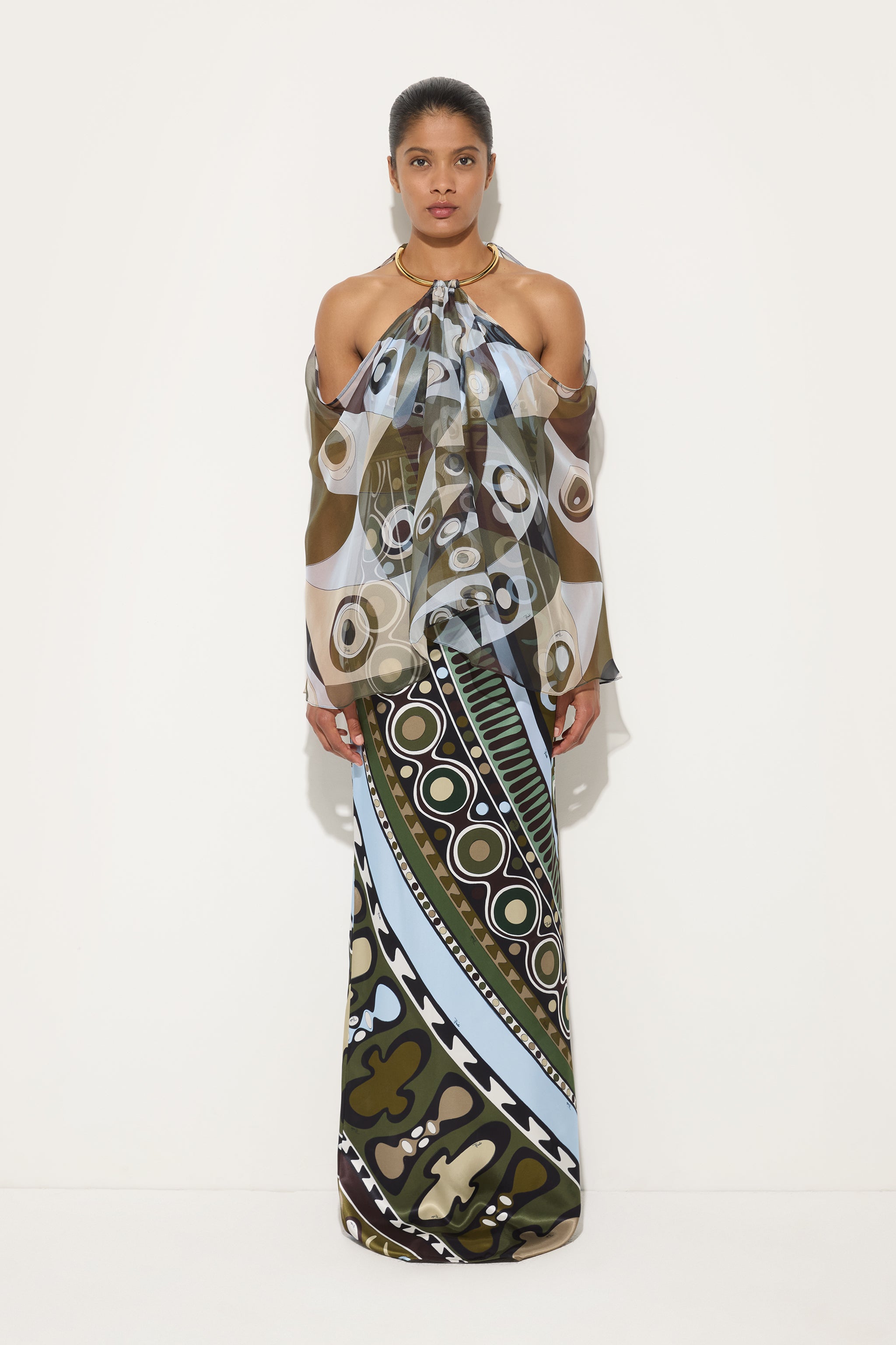 Emilio Pucci Occhi Robe Soie Kaki Bleu 38