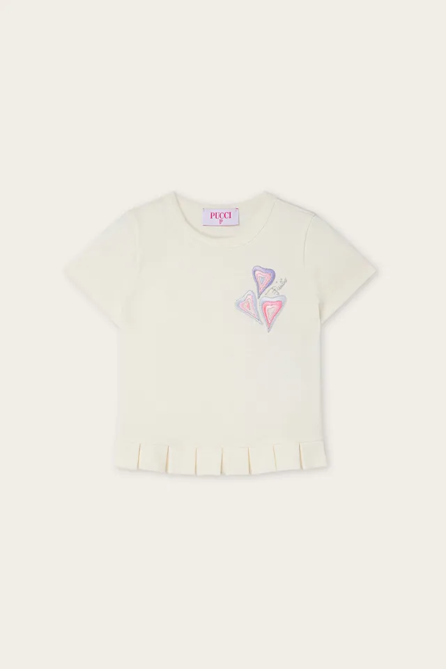 Emilio Pucci T-shirt fille ivoire broderie coeurs coton bio