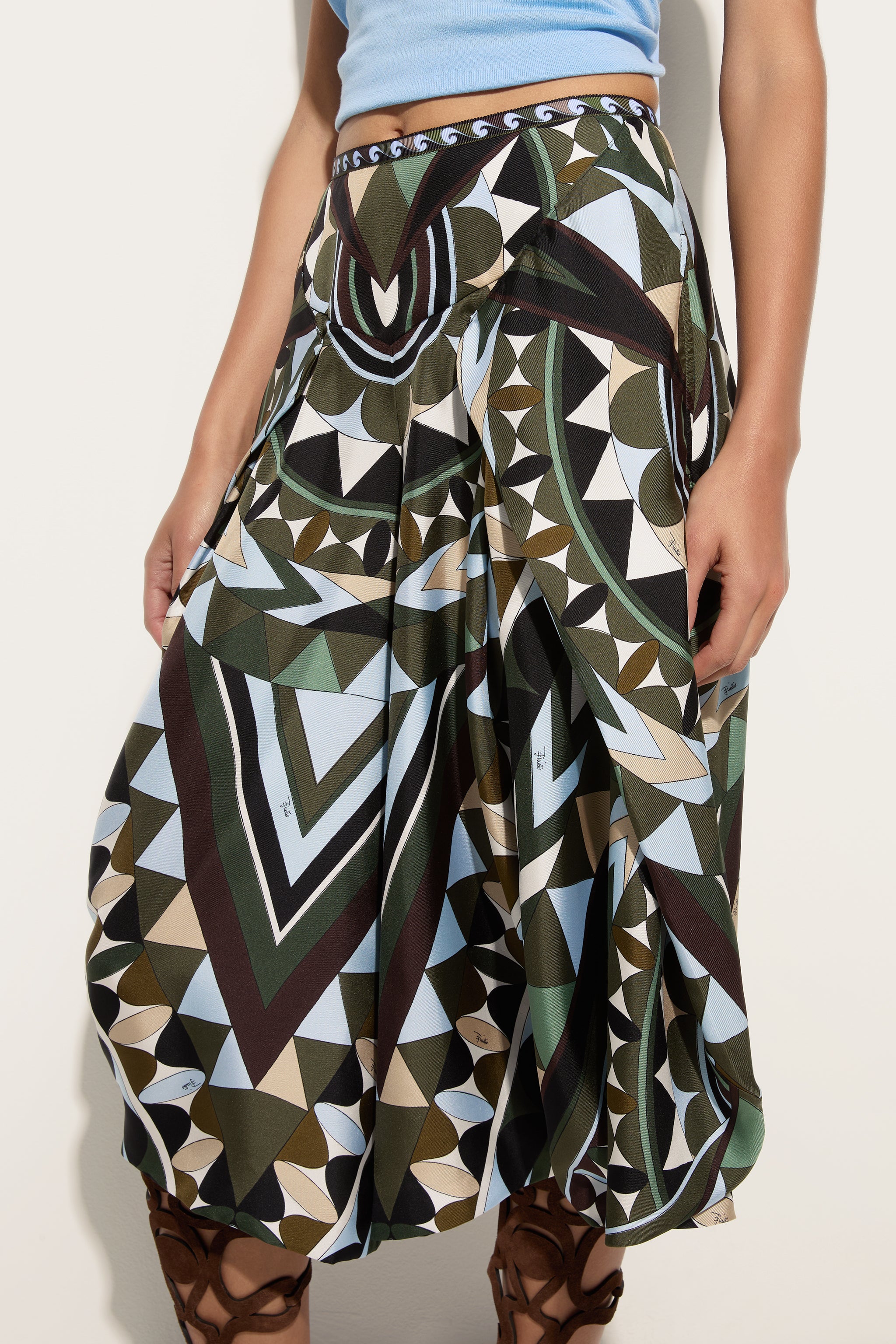 Emilio Pucci Pantalon Soie Kaki Bleu Imprimé Manuba