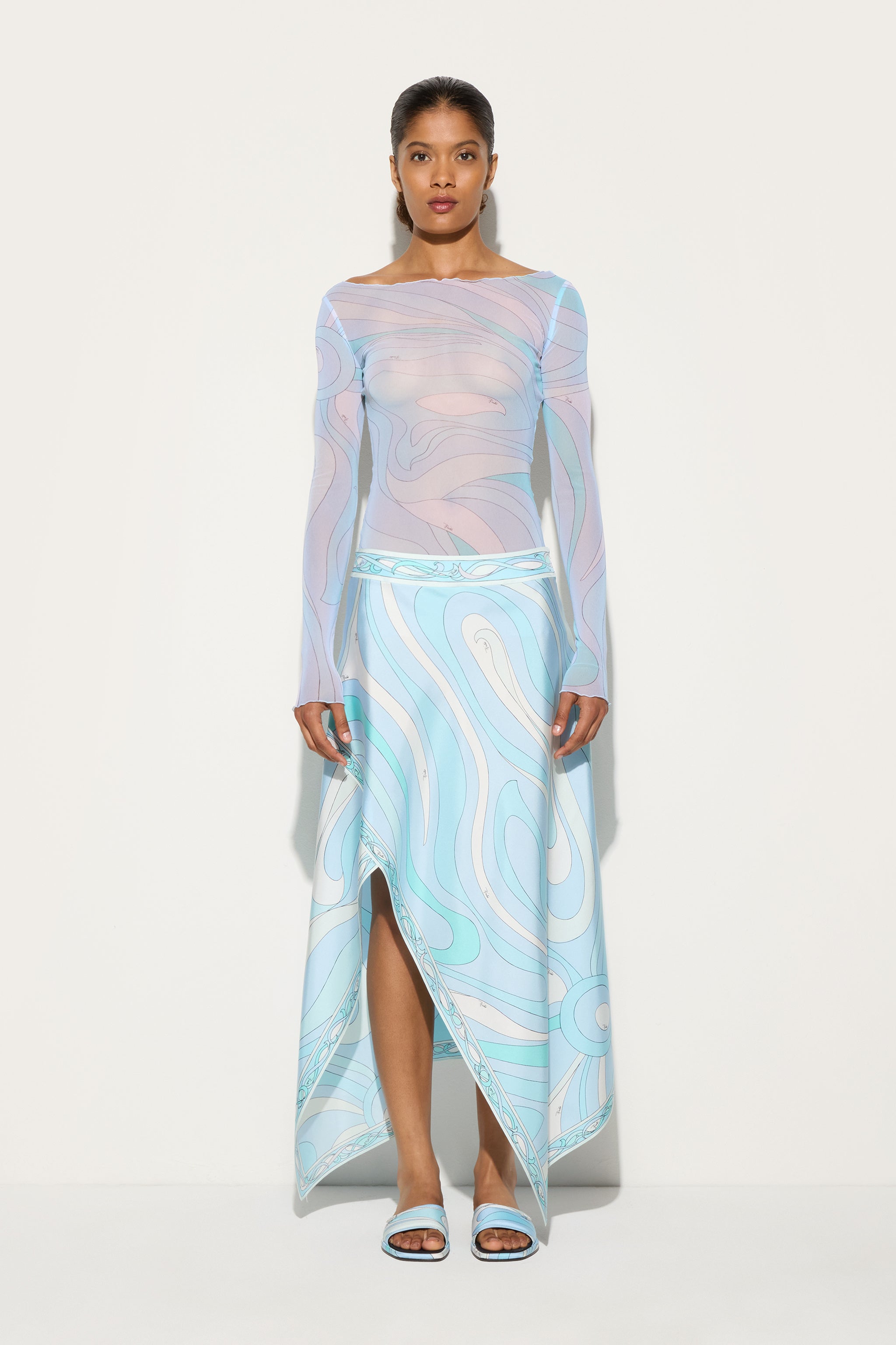Emilio Pucci Jupe Asymétrique Marmo Aqua 38 Soie