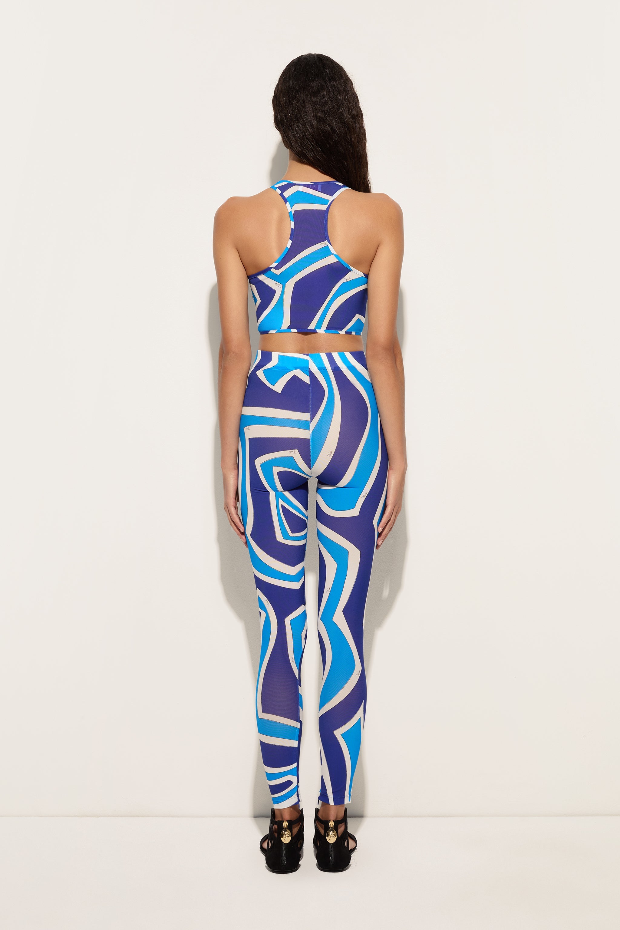 Emilio Pucci Top Mesh Turquoise Imprimé Labirinto Volants