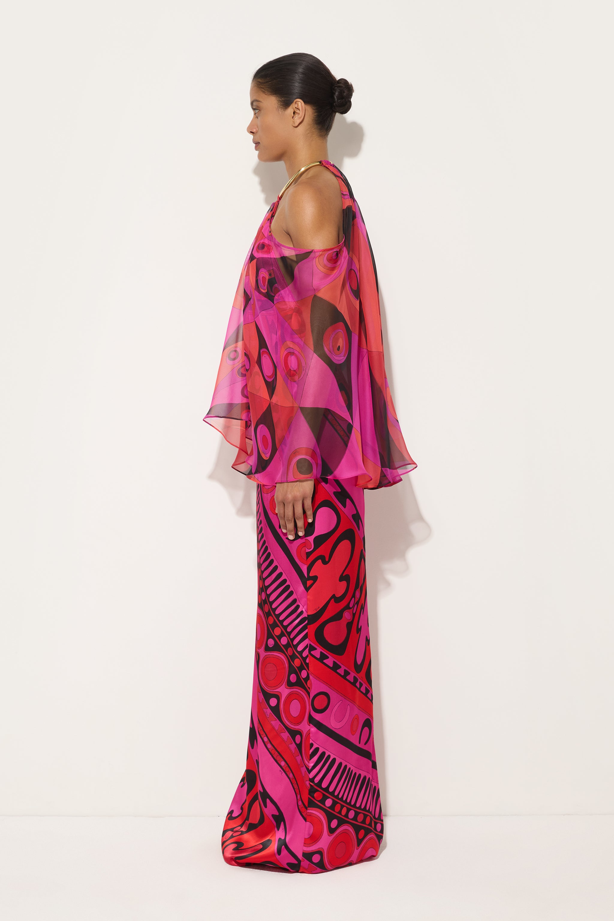 Emilio Pucci Robe Longue Occhi Fuchsia Noir 38 Soie