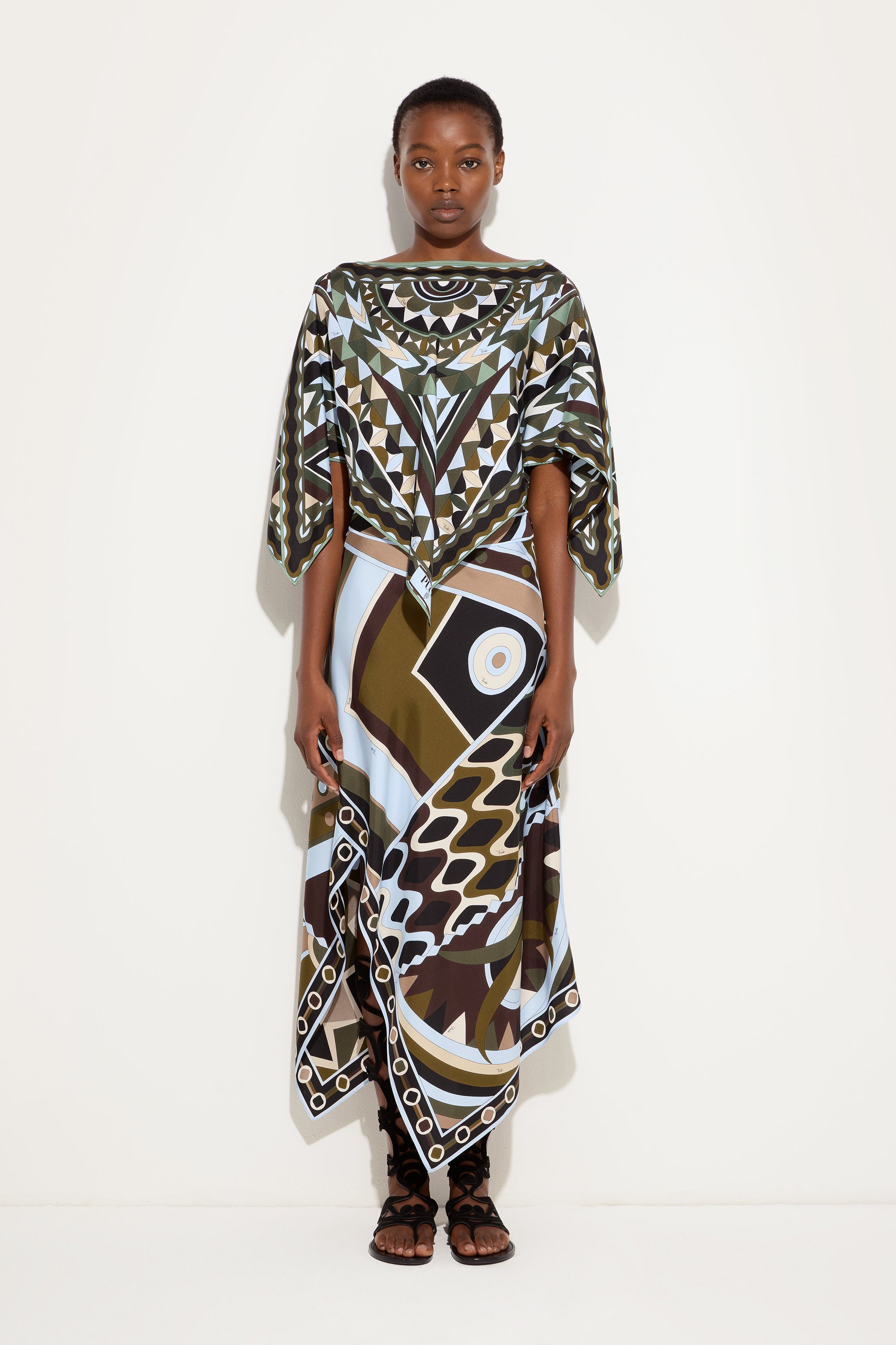 Emilio Pucci KAFTANS top soie kaki/bleu OS Manuba
