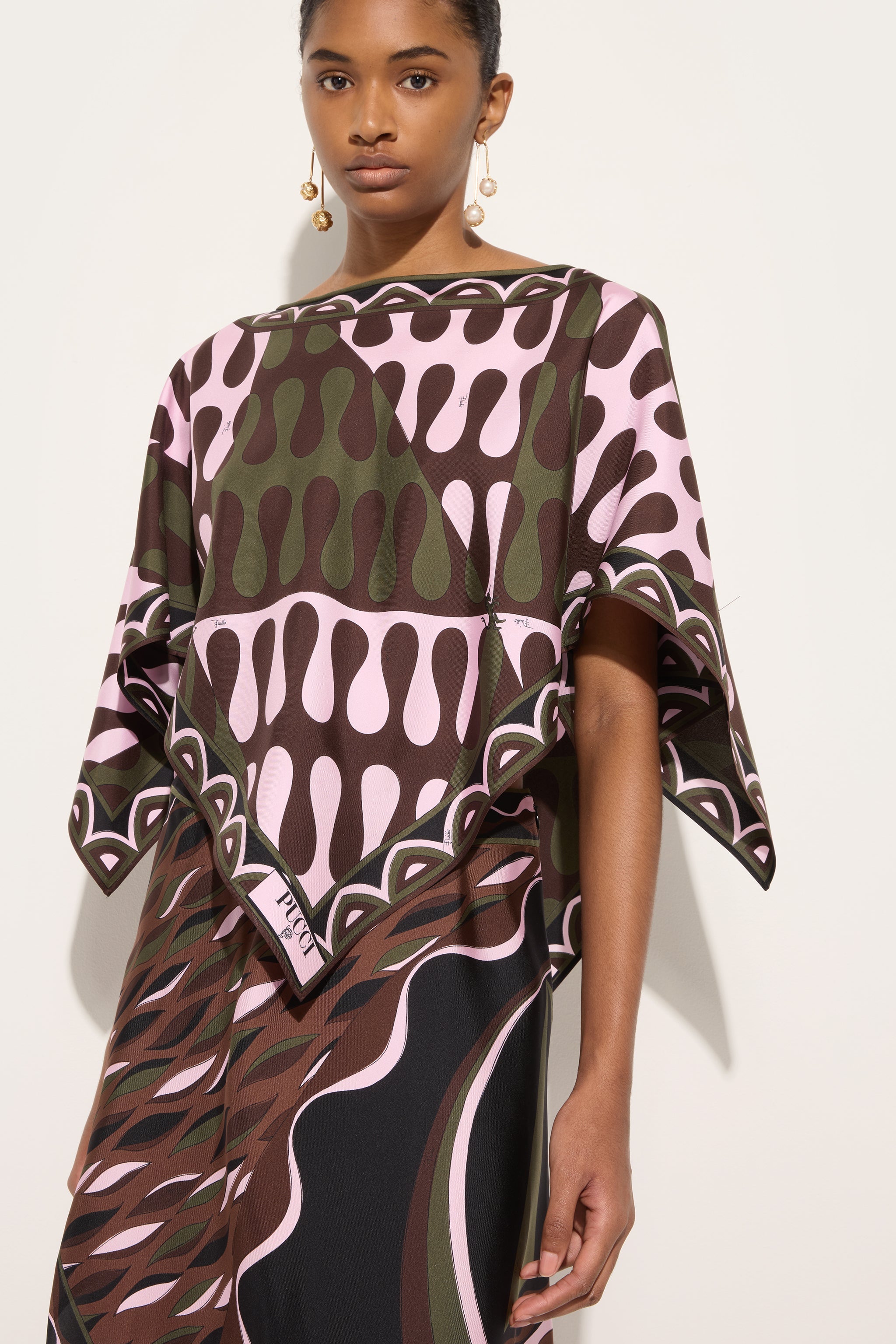 Emilio Pucci Leocorno blouse soie kaki/rose OS