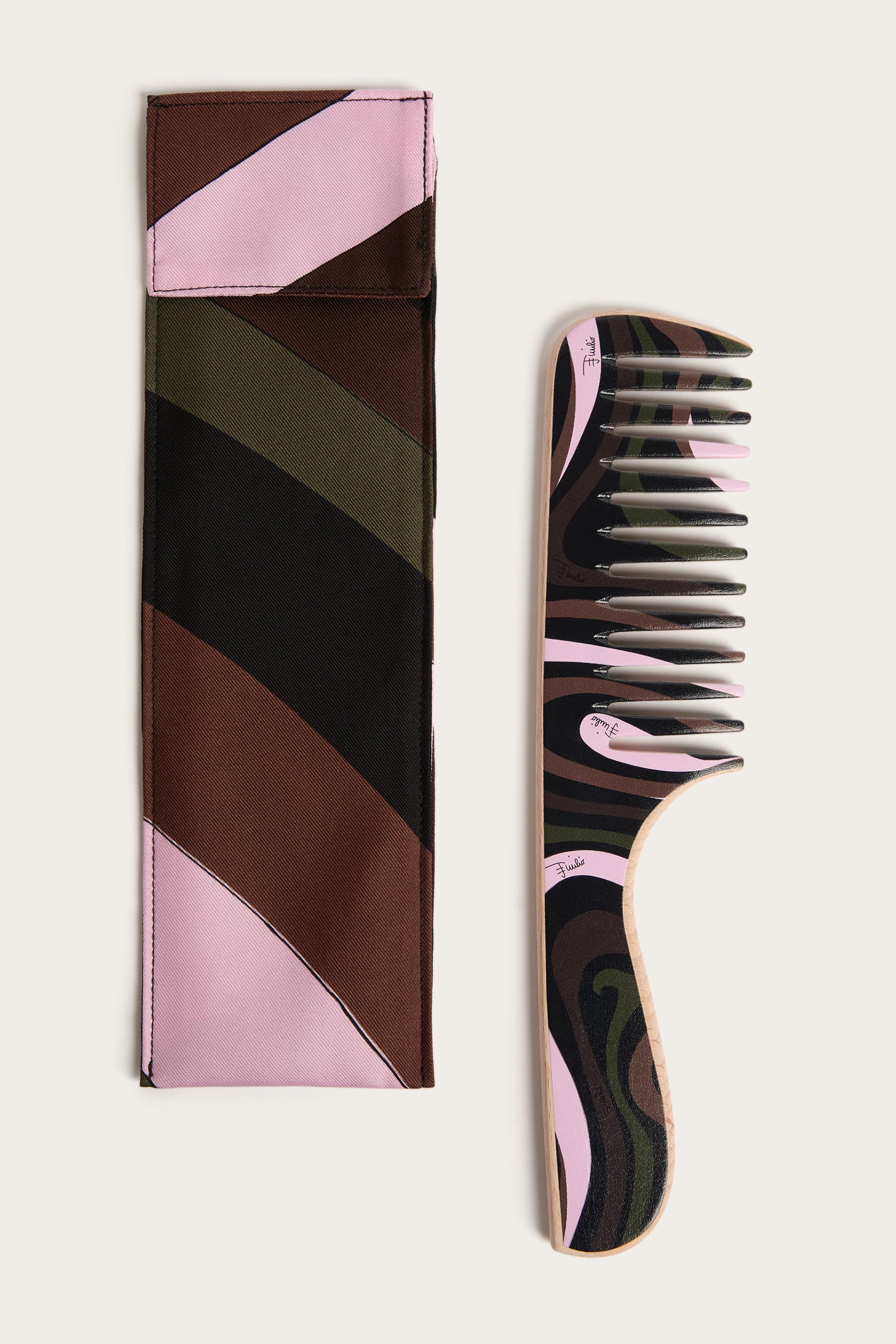 Emilio Pucci Marmo peigne bois hêtre kaki rose + étui