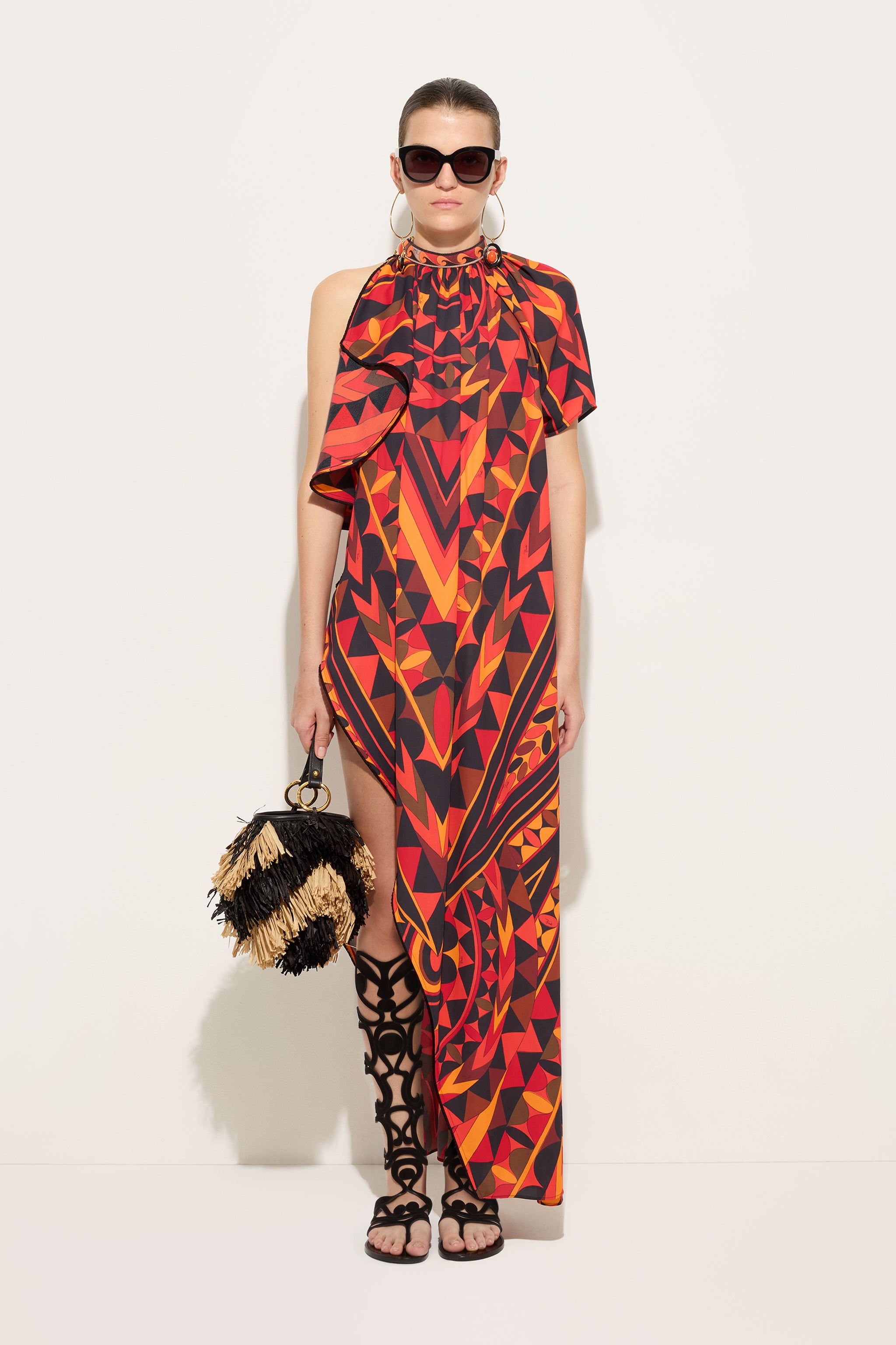 Emilio Pucci Manuba robe orange noir soie fente