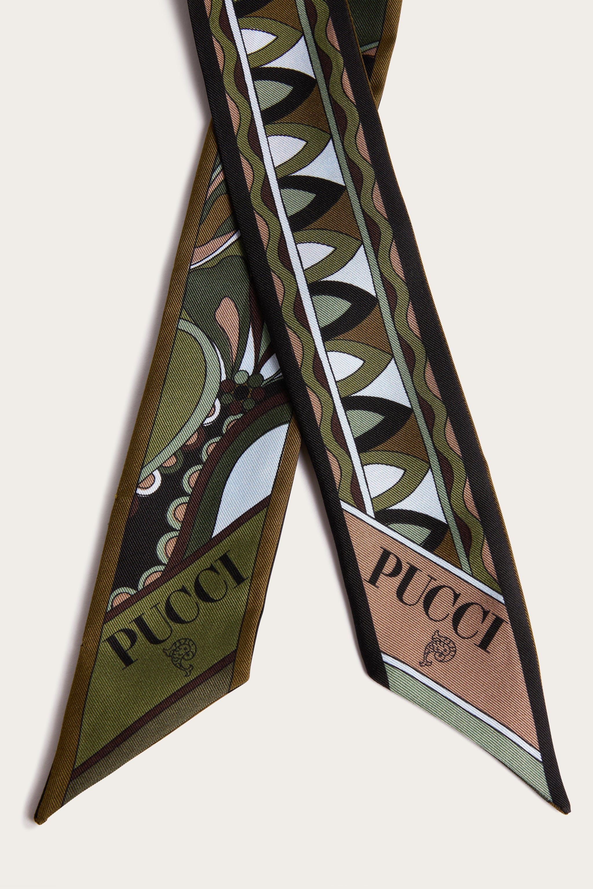 Emilio Pucci bandeau foulard soie kaki bleu 5x70 cm