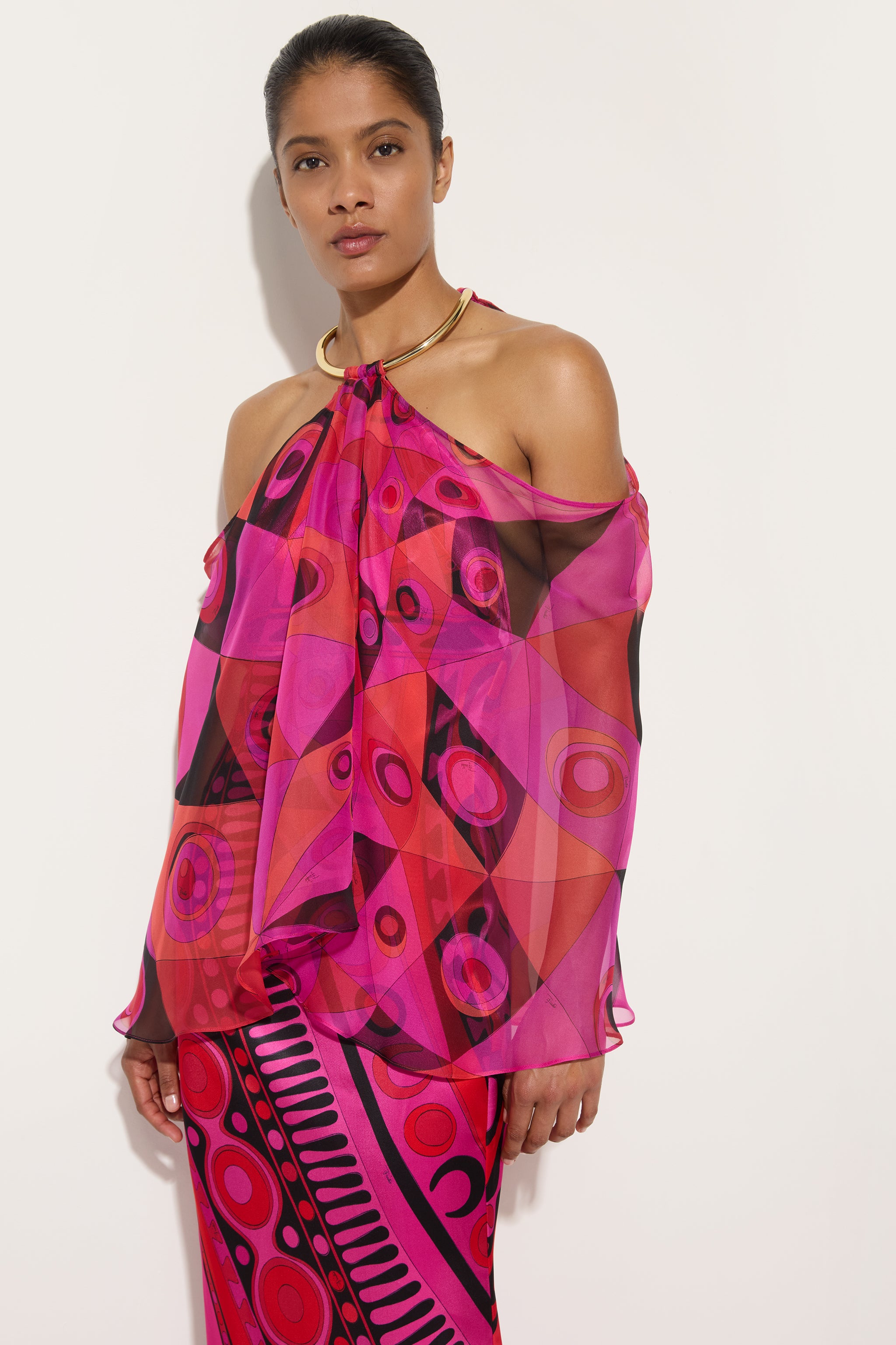 Emilio Pucci Robe Longue Occhi Fuchsia Noir 38 Soie