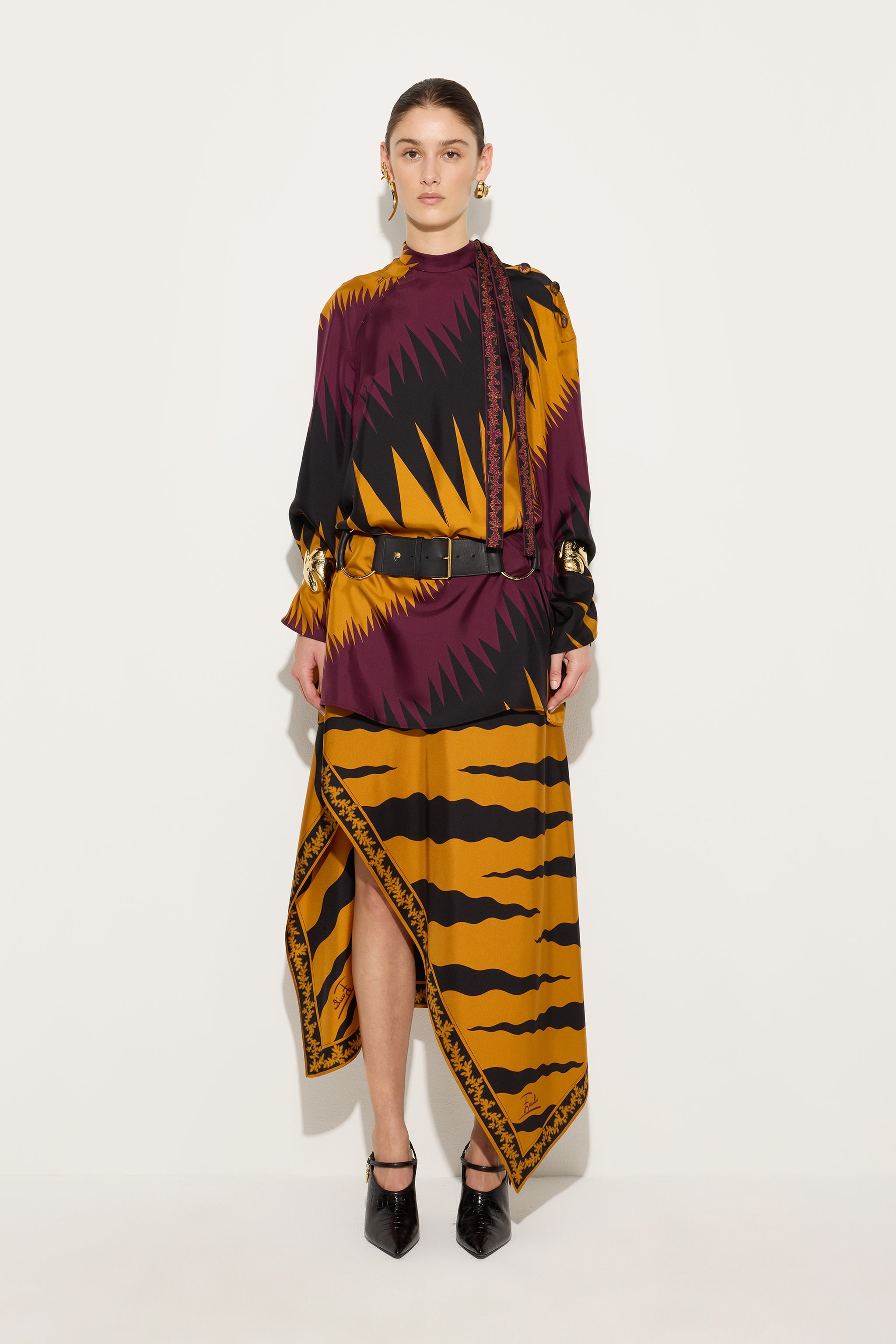 Emilio Pucci Drago robe soie tunique bordeaux or 38-48