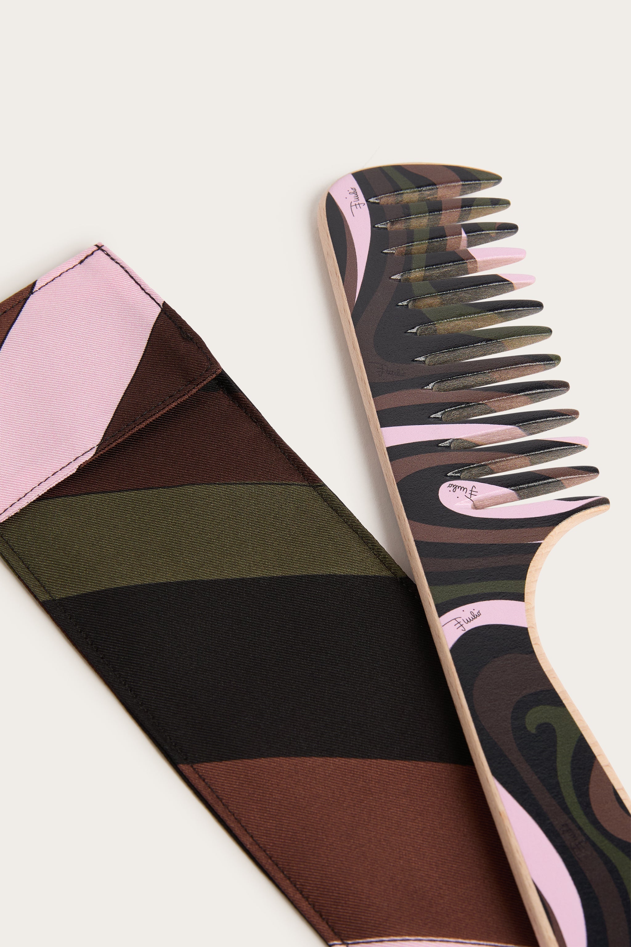 Emilio Pucci Marmo peigne bois hêtre kaki rose + étui