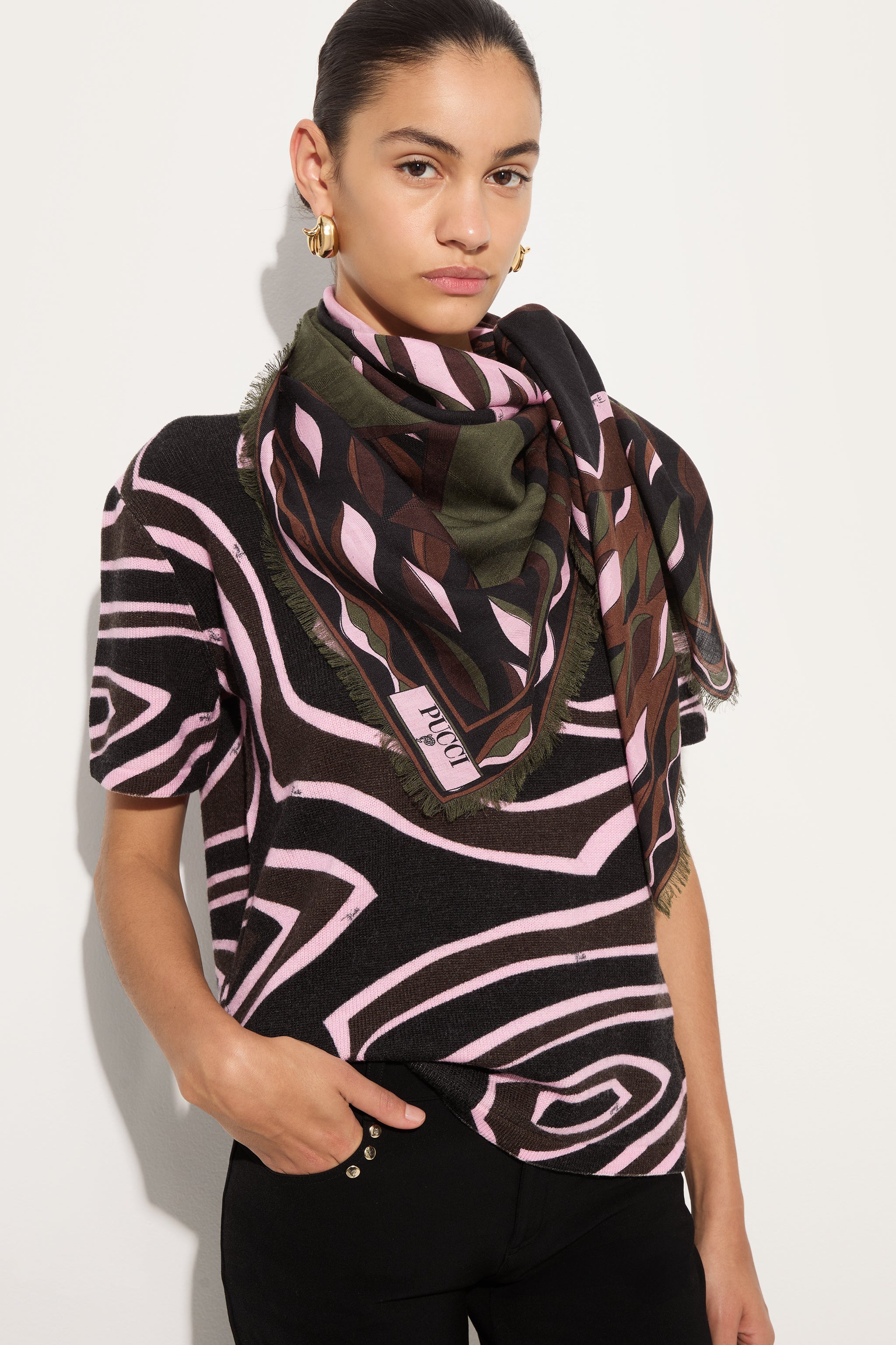 Emilio Pucci Pashmina Laine Soie Kaki/Rose 120x120