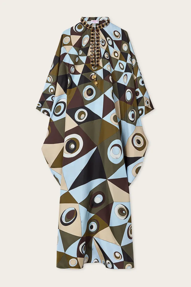 Emilio Pucci Kaftans caftan soie kaki bleu brodé