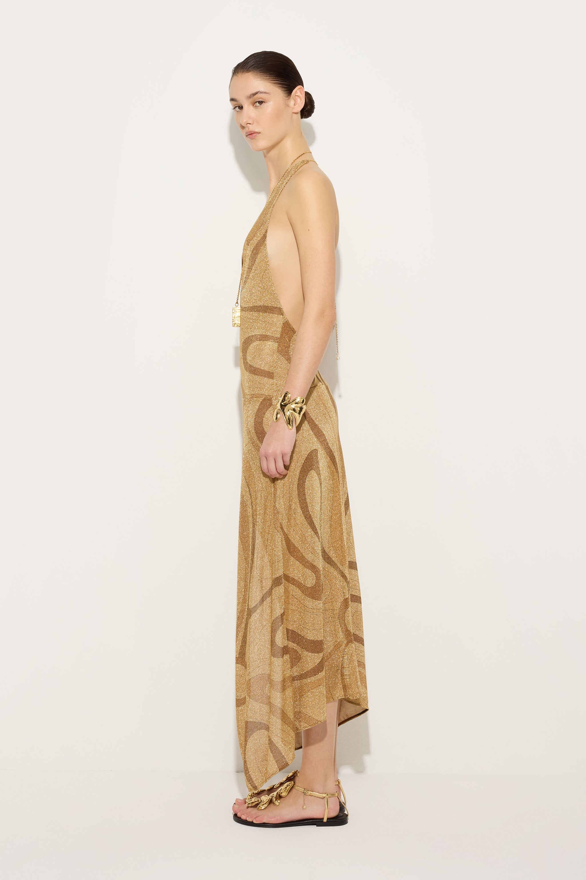 Emilio Pucci Robe Lurex Or 38 Imprimé Marmo Fente
