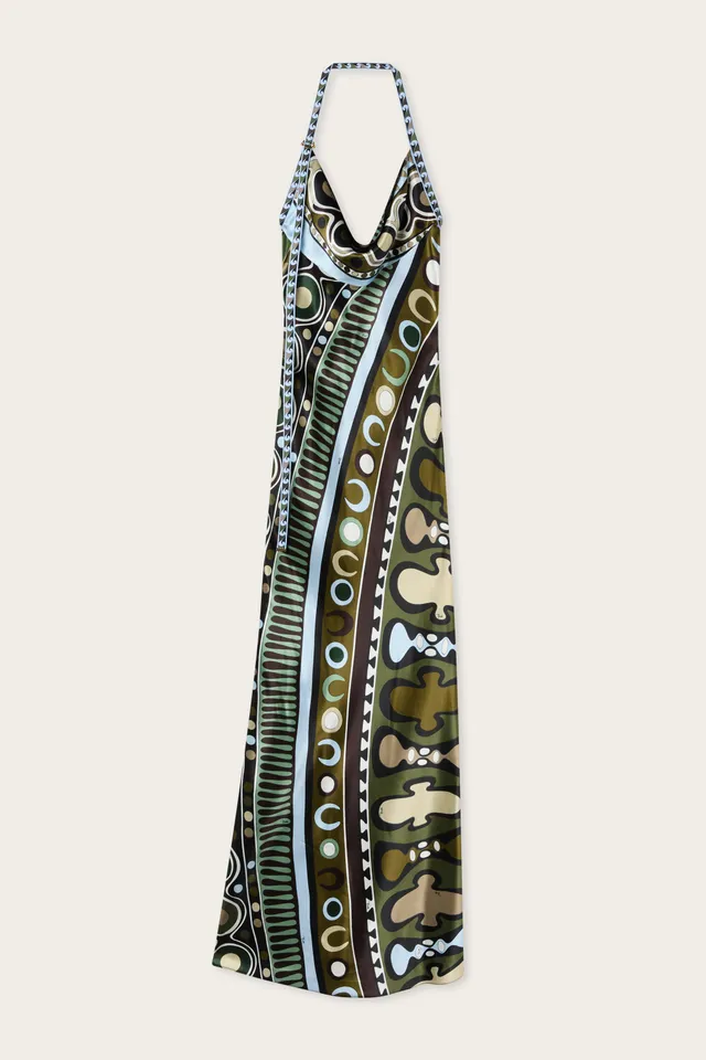 Emilio Pucci Soleil robe longue satin kaki bleu 38