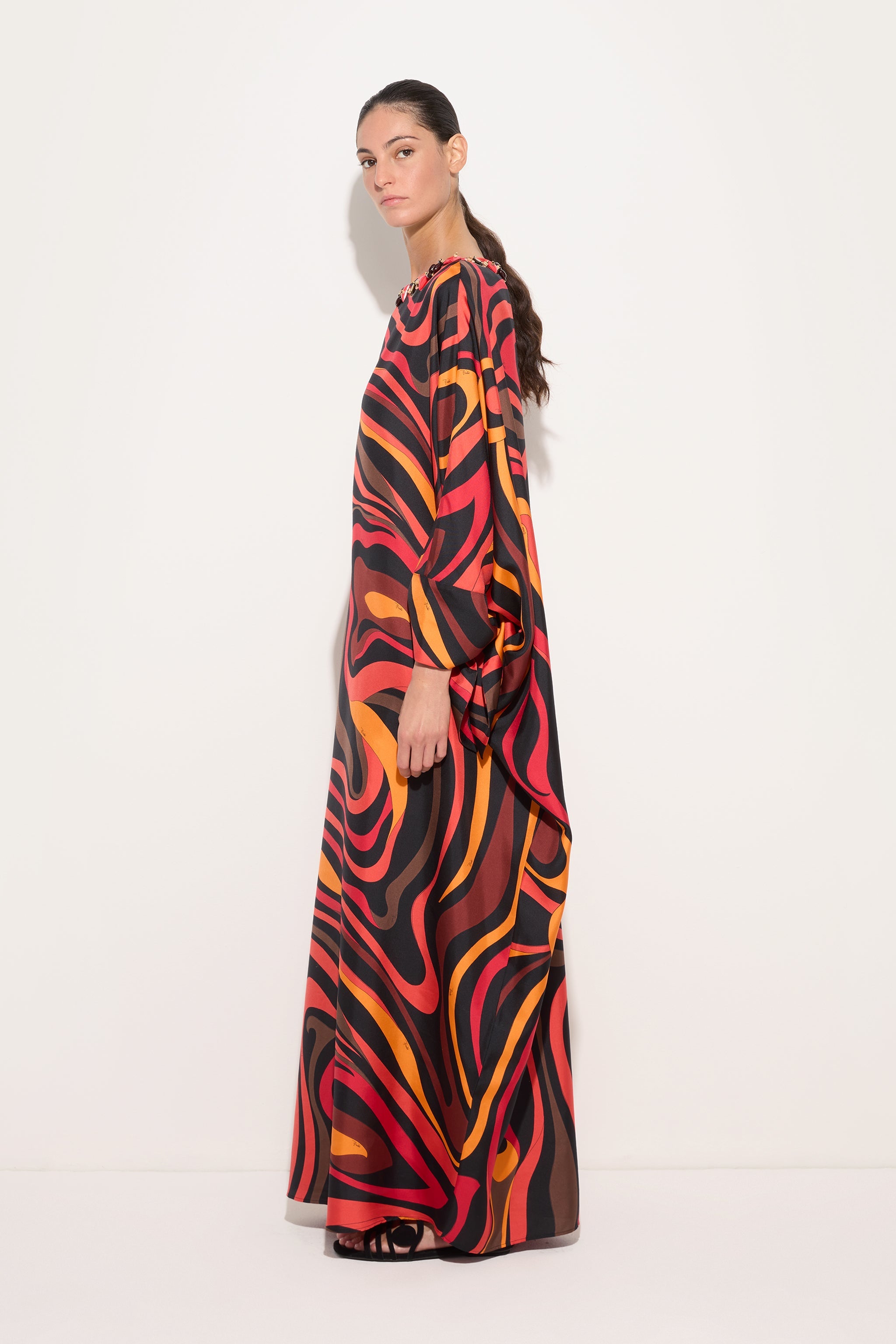 Emilio Pucci Marmo caftan soie orange noir broderie OS