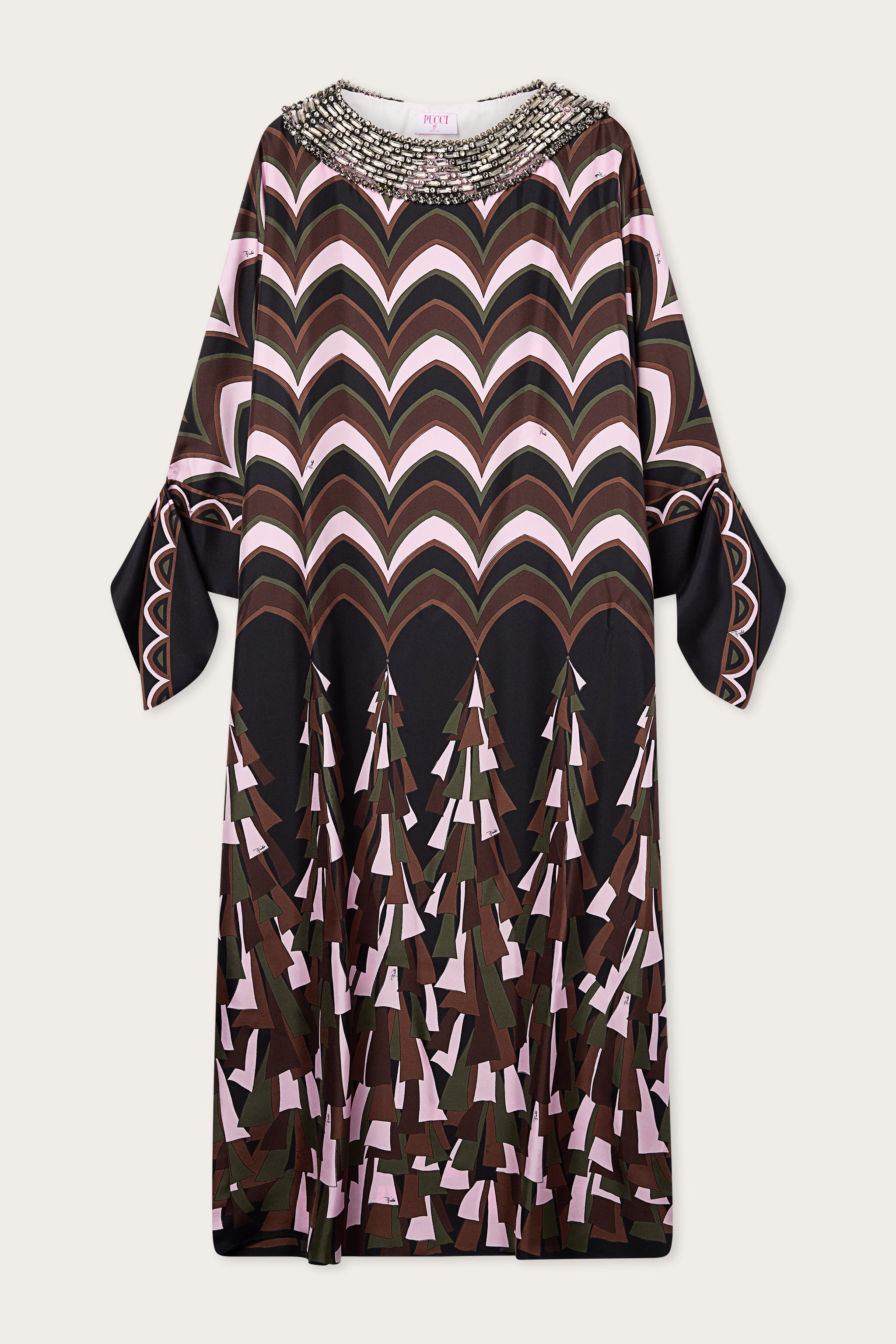 Emilio Pucci Caftano caftan soie kaki rose brodé main