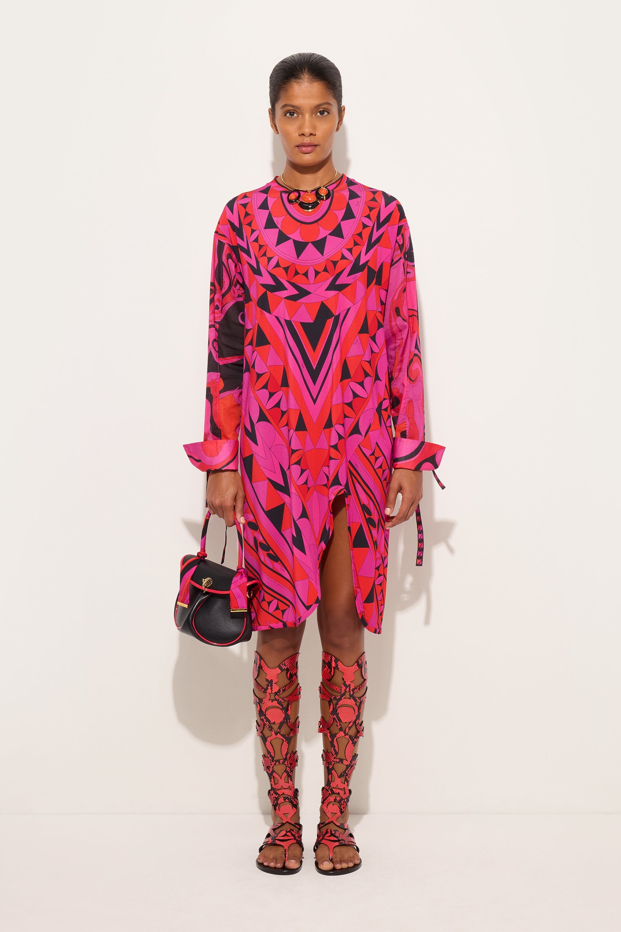Emilio Pucci Manuba robe fuchsia noir jersey viscose manches longues