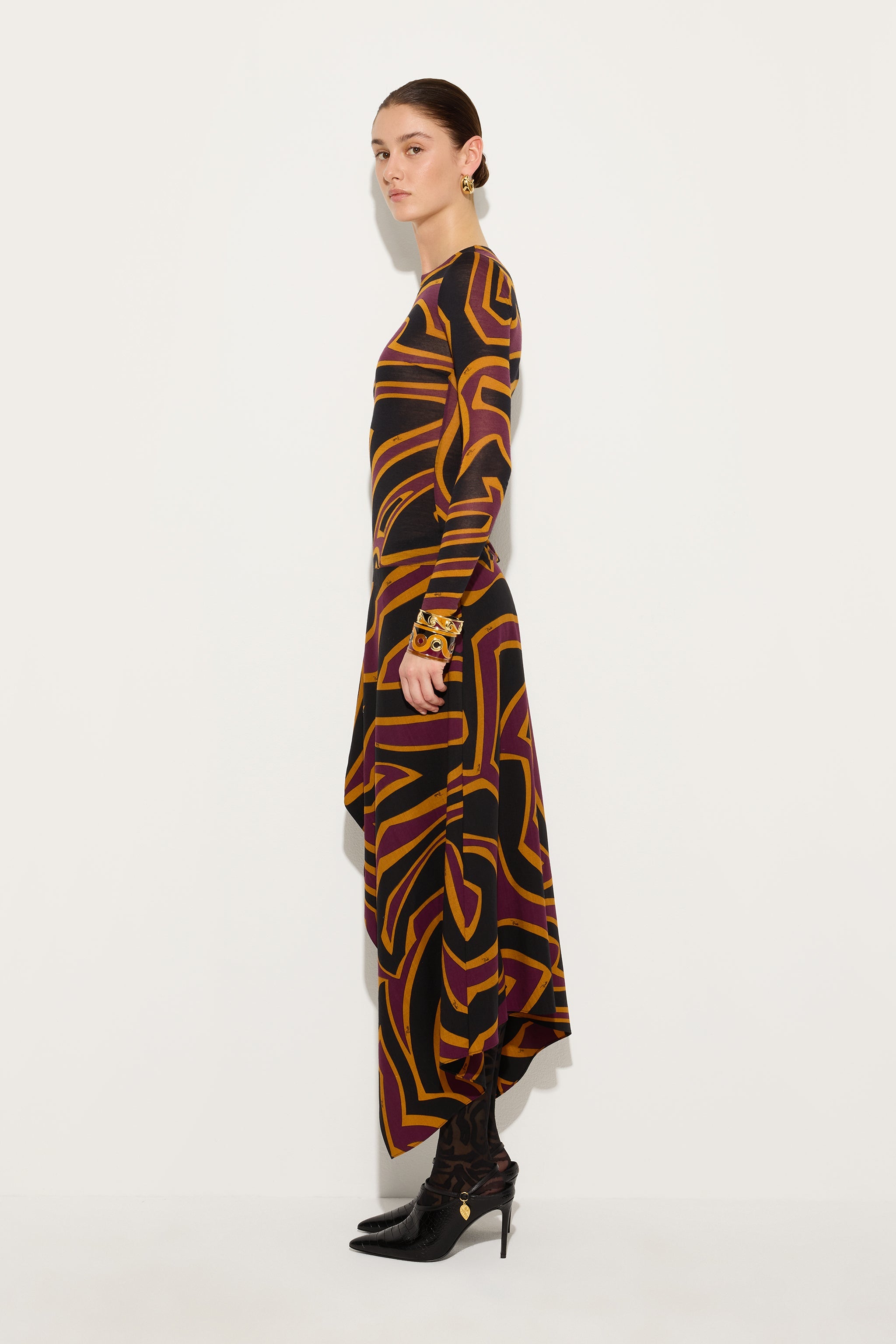 Emilio Pucci Robe Labirinto jersey Bordeaux Gold longue 38