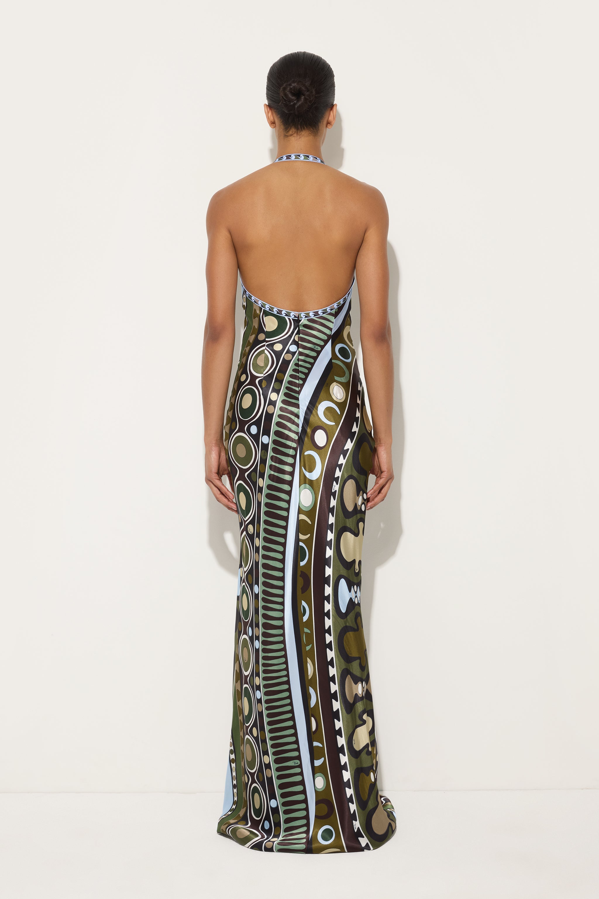 Emilio Pucci Soleil robe longue satin kaki bleu 38