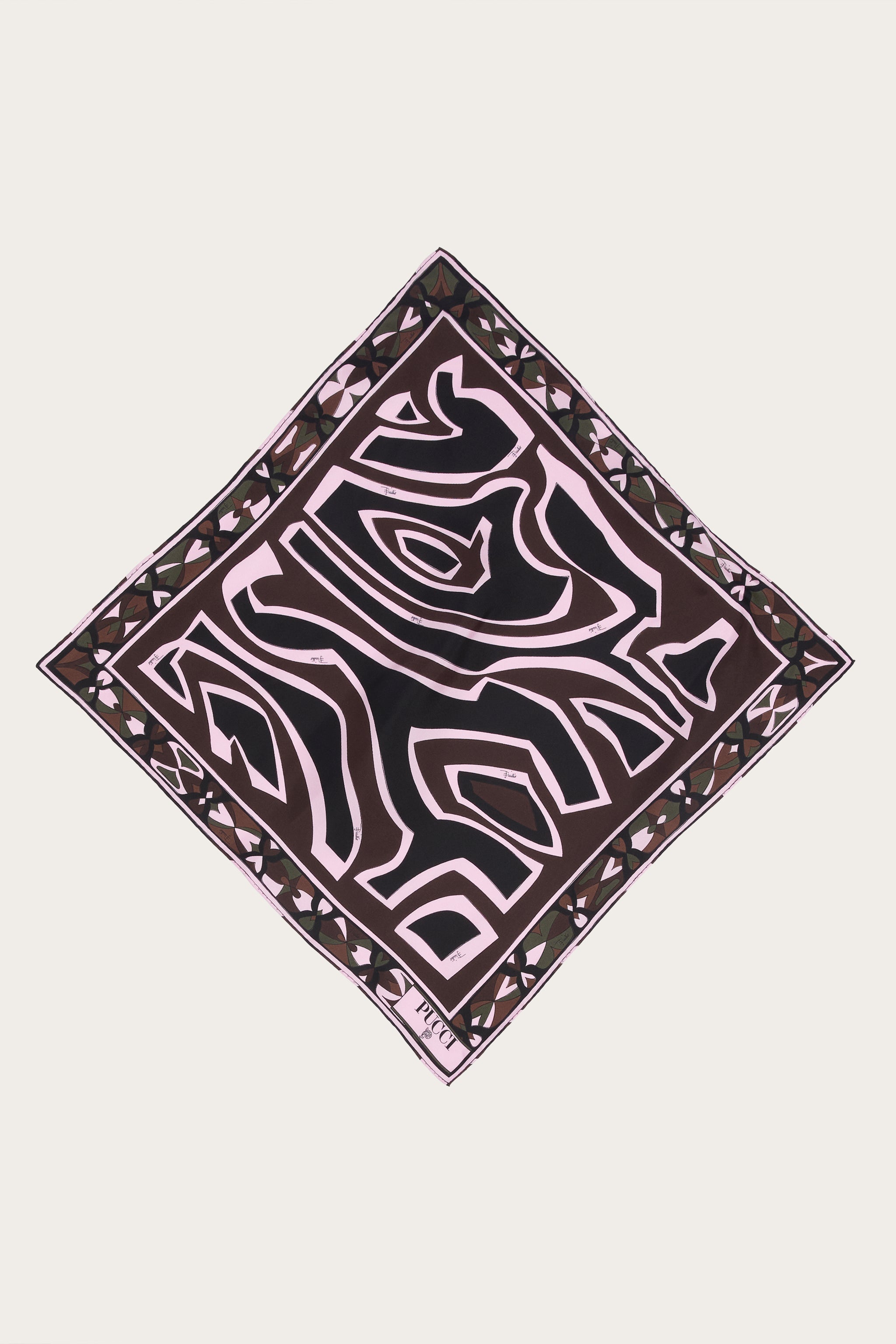 Emilio Pucci Silks Carré Piccolo foulard soie kaki rose 52x52