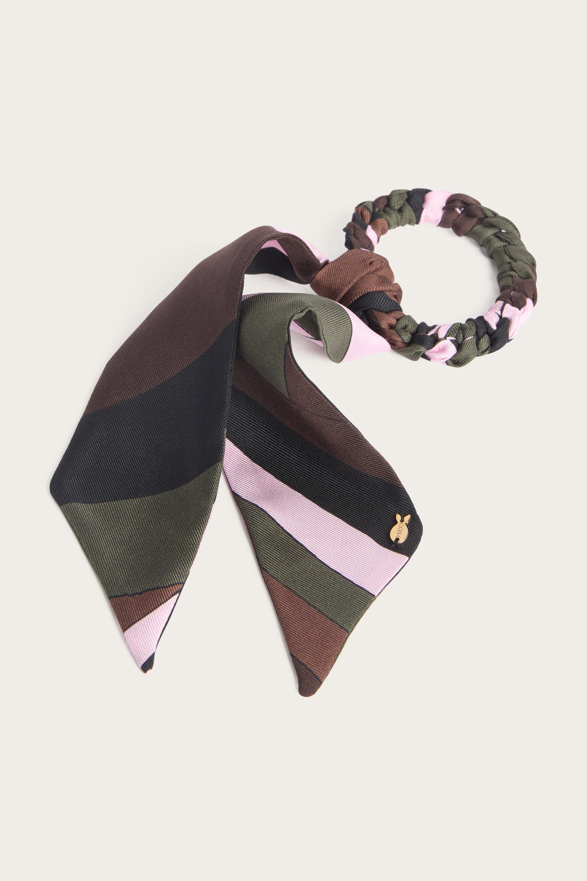 Emilio Pucci chouchou foulard soie kaki rose OS