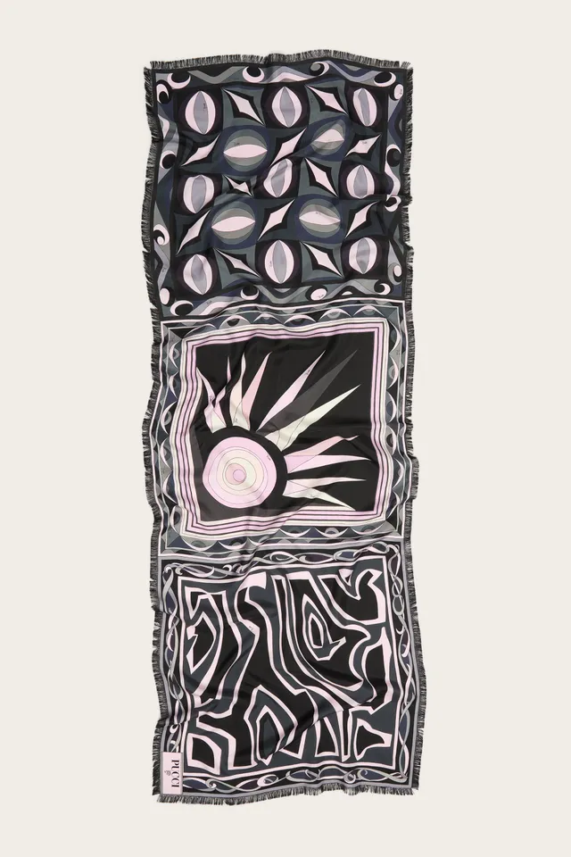 Emilio Pucci Silks étole soie noire rose frangée