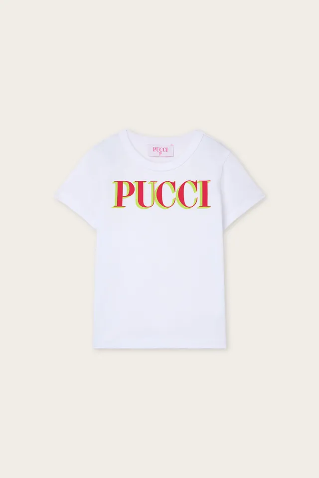 Emilio Pucci T-shirt Coton Bio Enfant Blanc Logo Rouge