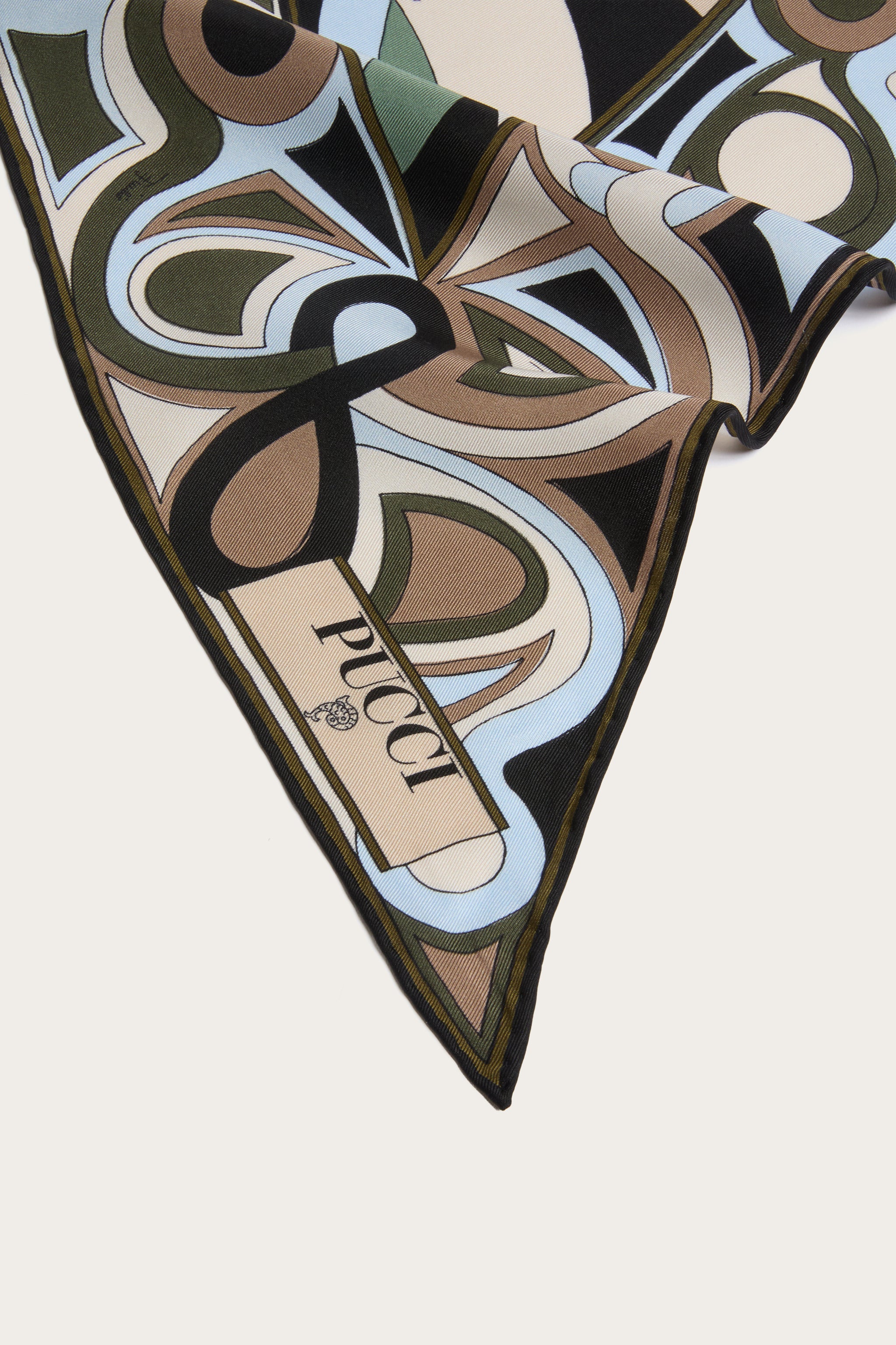 Emilio Pucci foulard triangle soie kaki bleu Marmo 120 cm
