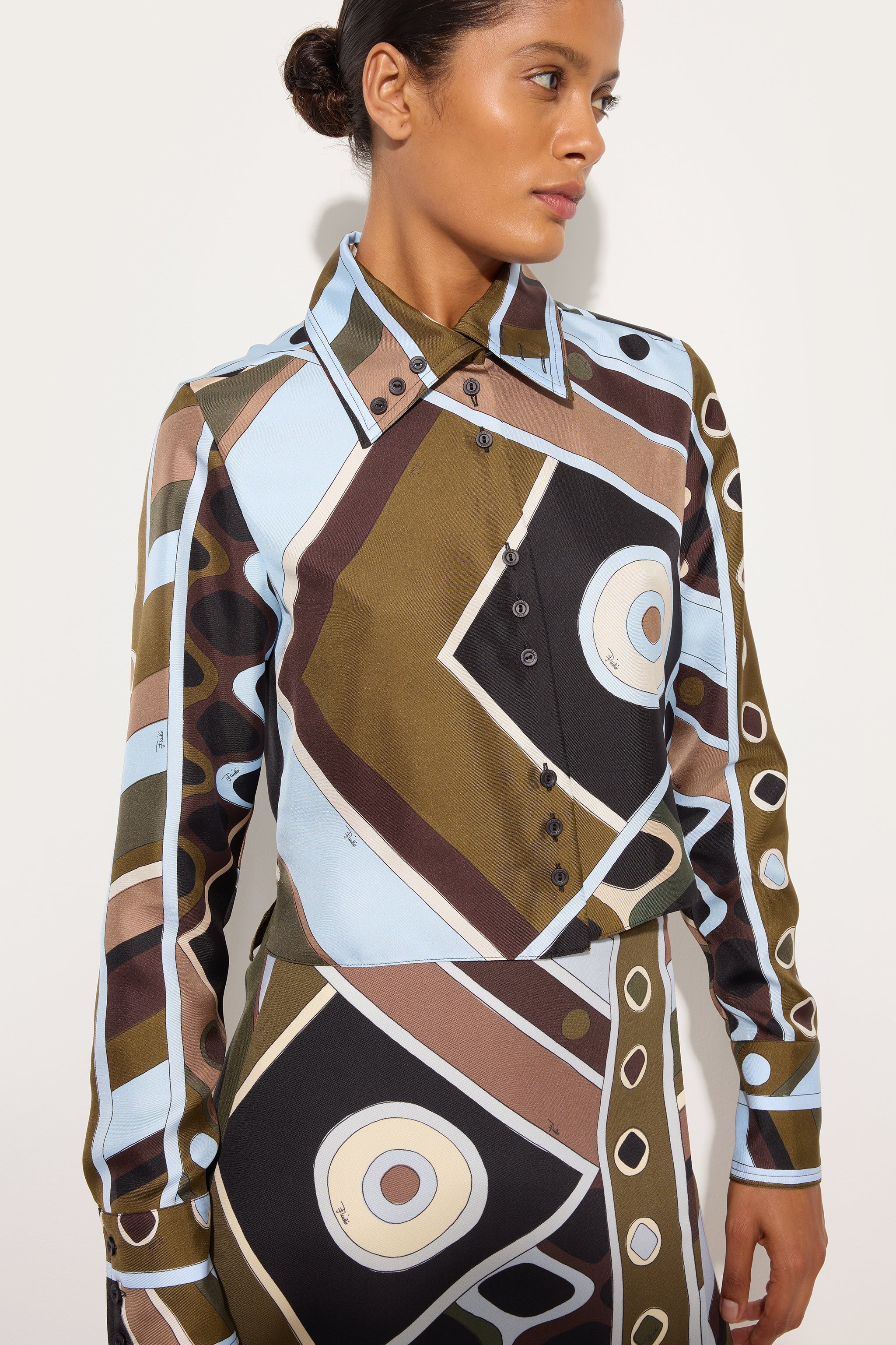 Emilio Pucci Vivara chemise crop kaki bleu soie 38