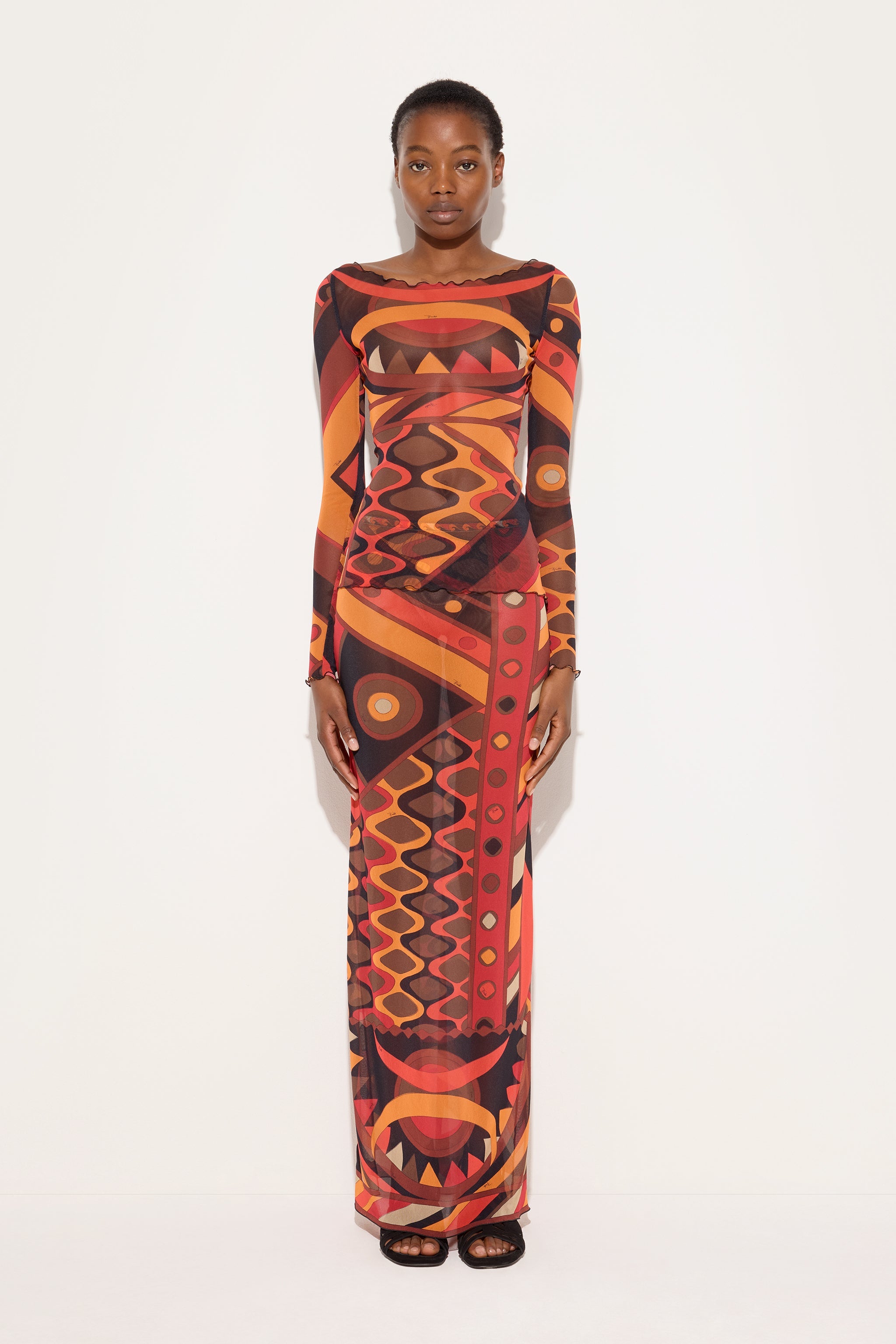 Emilio Pucci Vivara top en tulle orange noir manches longues