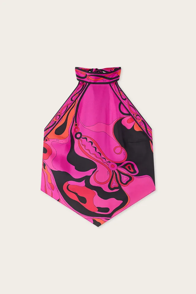 Emilio Pucci Top Soie Orchidee Fuchsia Noir Sans Manches