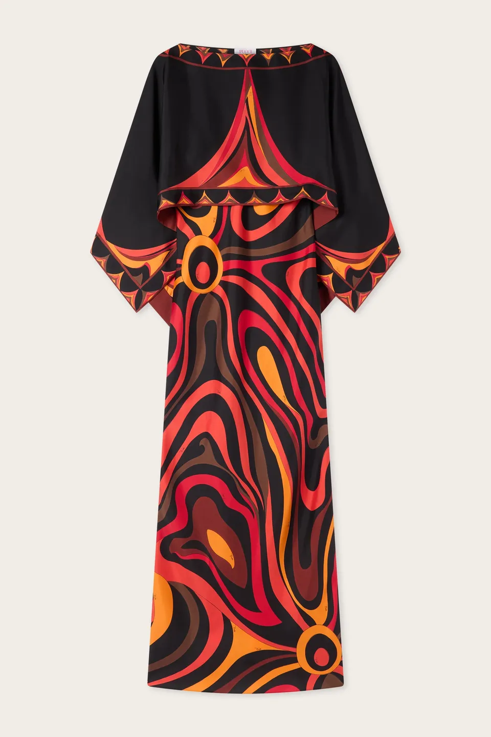 Emilio Pucci Marmo robe longue soie orange noir cape