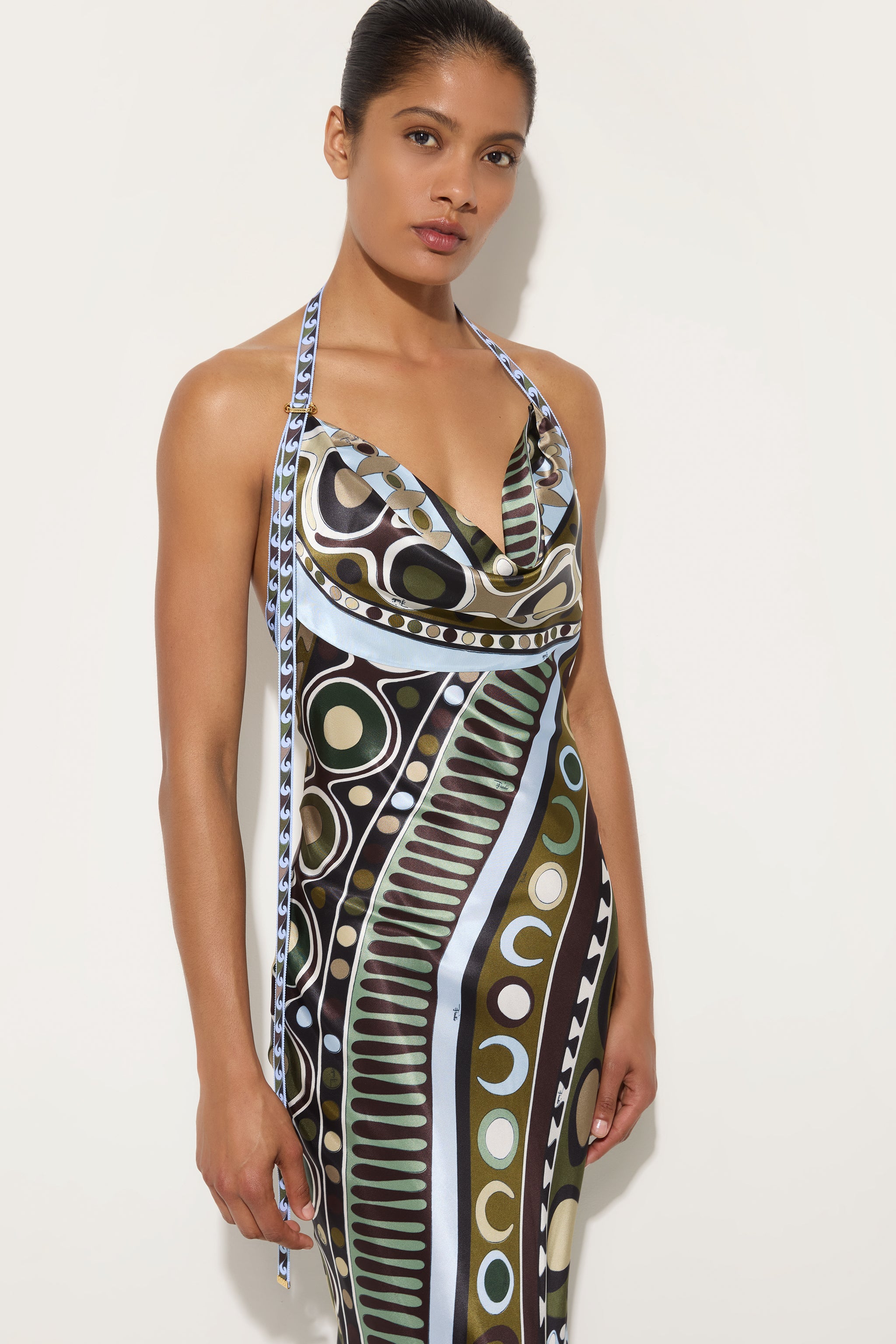 Emilio Pucci Soleil robe longue satin kaki bleu 38